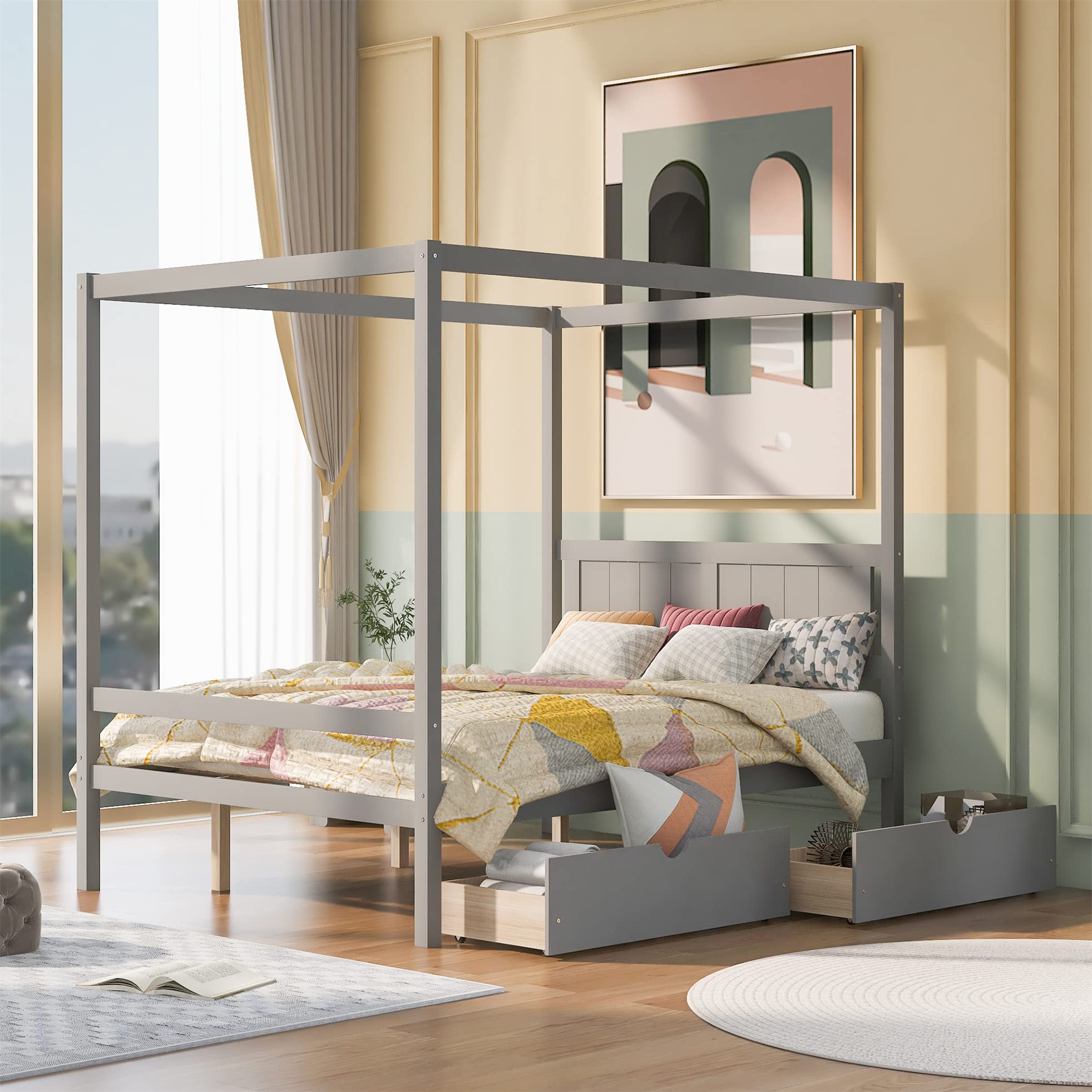 Harper & Bright Designs Full Size Canopy Bed with Storage Drawers - Solid Wood Platform Bed with Headboard & Footboard - No Box Spring Needed - Slat Support for Kids, Teens & Adults (Gray) - Perfect for Bedrooms, Guest Rooms & Dorm Decor