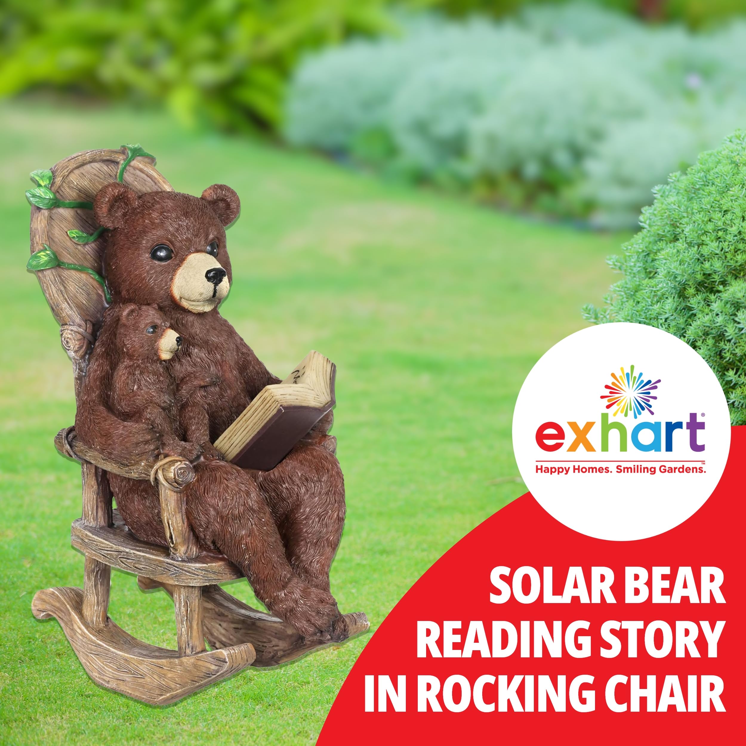Solar-Powered Bear Family Reading Statue with LED Book – Outdoor Garden Decoration for Patio, Lawn & Yard – 9 x 12.5 Inch Exhart Garden Sculpture – Perfect for Storybook Gardens & Cozy Outdoor Spaces