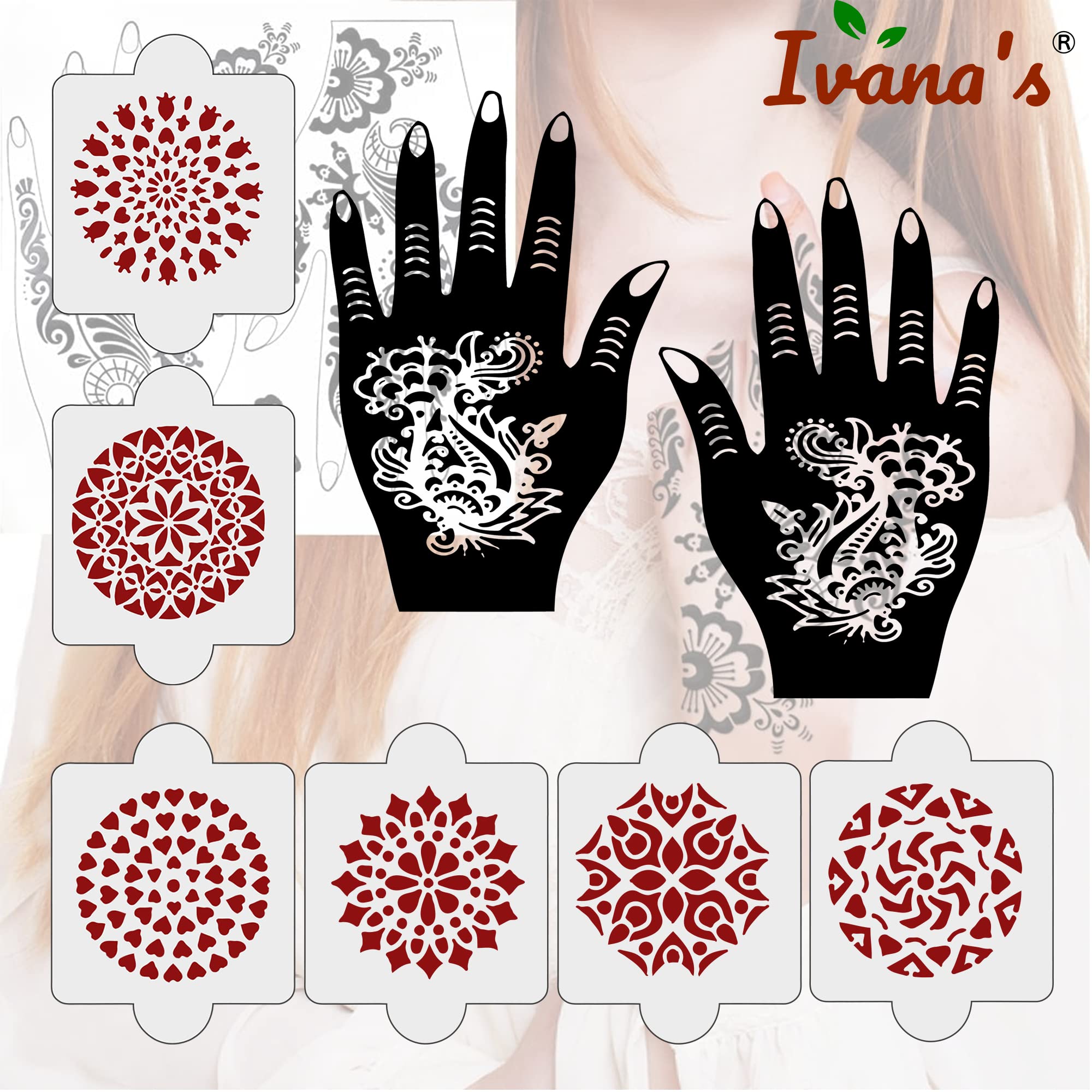 8 Pcs Henna Stencil Kit - 2 Henna Tattoo Stencils + 6 Reusable PVC Laser Cut Stickers for Hands | Easy DIY Mehndi Designs for Women, Girls & Kids | Perfect for Weddings, Parties & Festivals