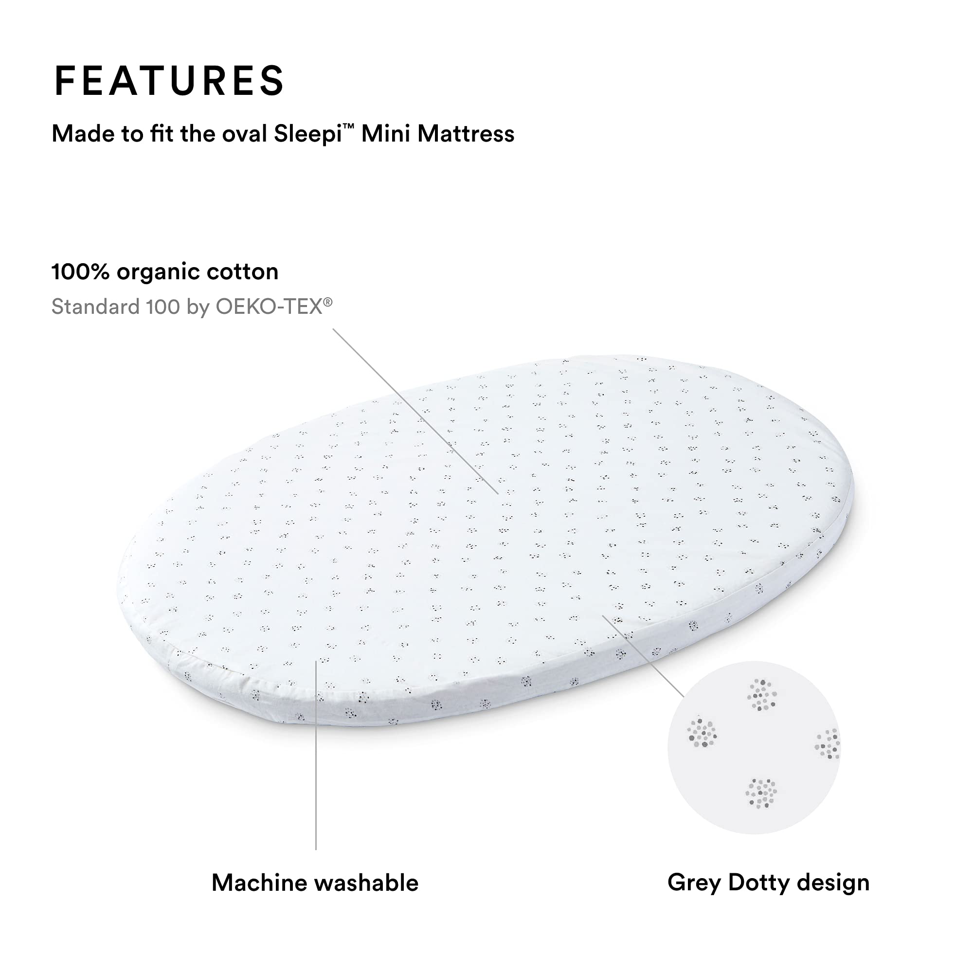 Stokke Sleepi Mini Fitted Sheet by Pehr - 100% Organic Cotton Grey Dotty Crib Sheet for Oval Baby Mattress | Soft, Breathable & Safe Nursery Bedding | Perfect for Newborns, Infants & Toddlers | Fits Stokke Sleepi Mini Cribs & Bassinets
