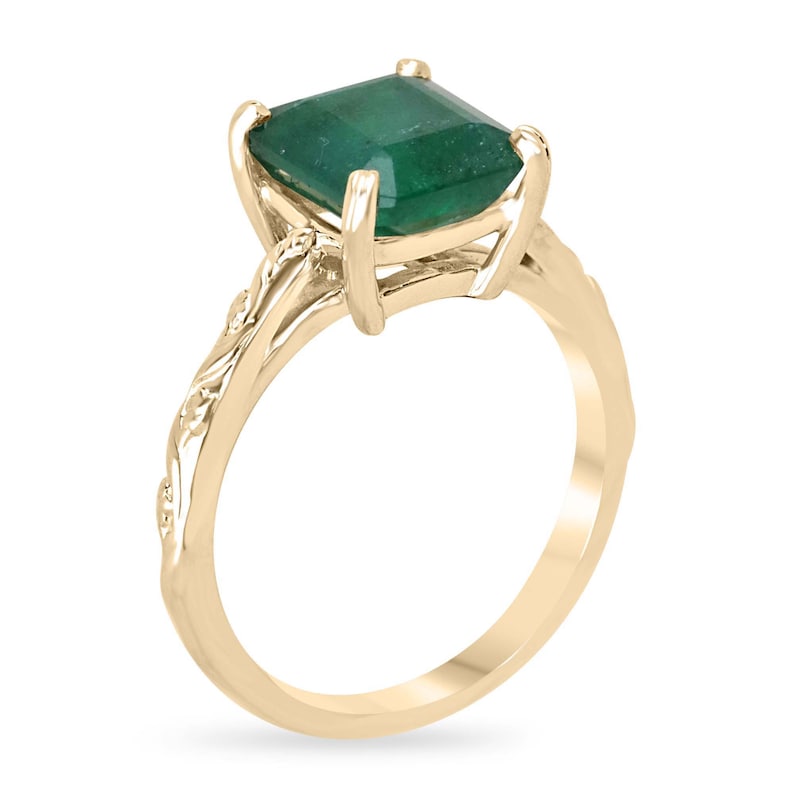 2.89ct Asscher Cut Medium Dark Green Emerald Solitaire Floral Carved Ring in 14K Gold - Elegant Wedding, Engagement & Anniversary Jewelry Gift