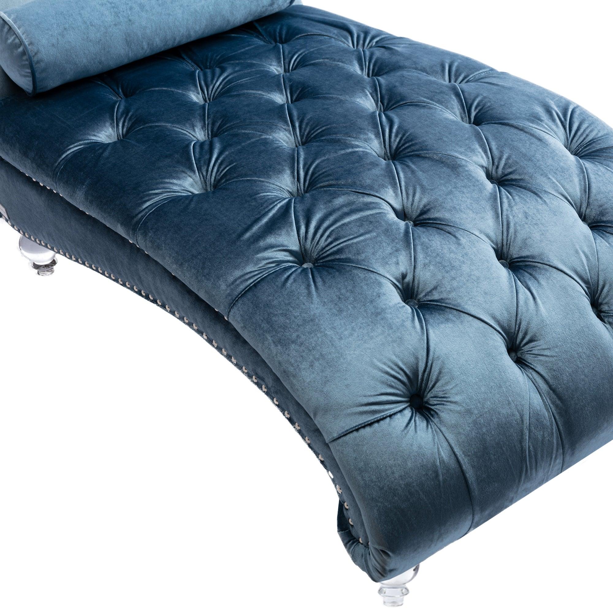 Luxury Velvet Chaise Lounge Chair - Button Tufted Upholstered Sofa with Pillow for Bedroom, Living Room & Office - Light Blue Velvet - Perfect for Relaxing, Reading & Home Decor