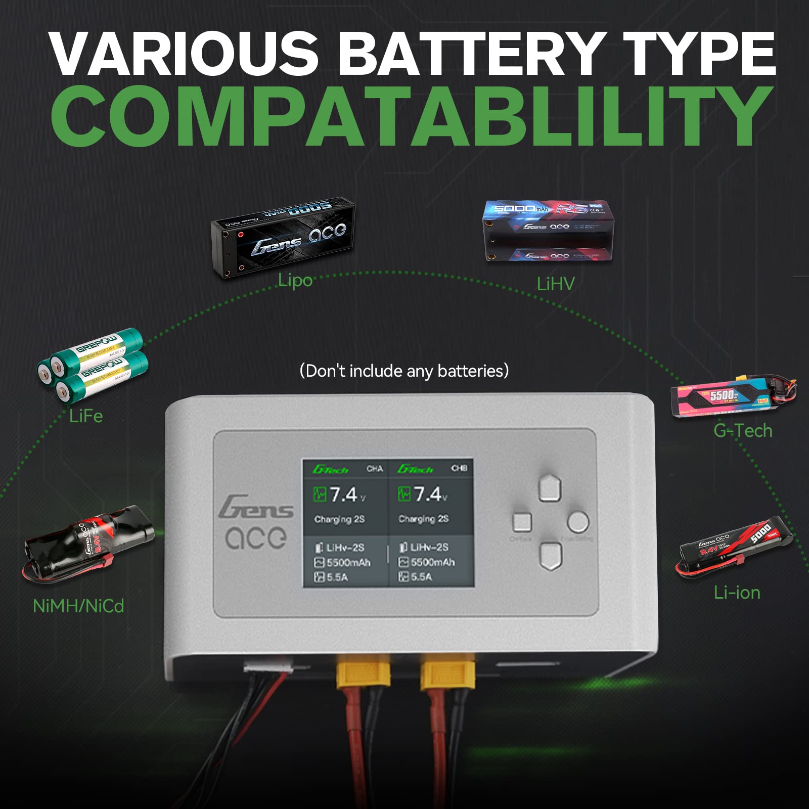 Gens Ace IMARS D300 G-Tech Series Smart Dual Lipo Battery Charger - 16A AC 300W DC 700W Fast Charging for RC Cars, Drones, and Airsoft (White) - Perfect for Hobbyists and Professionals
