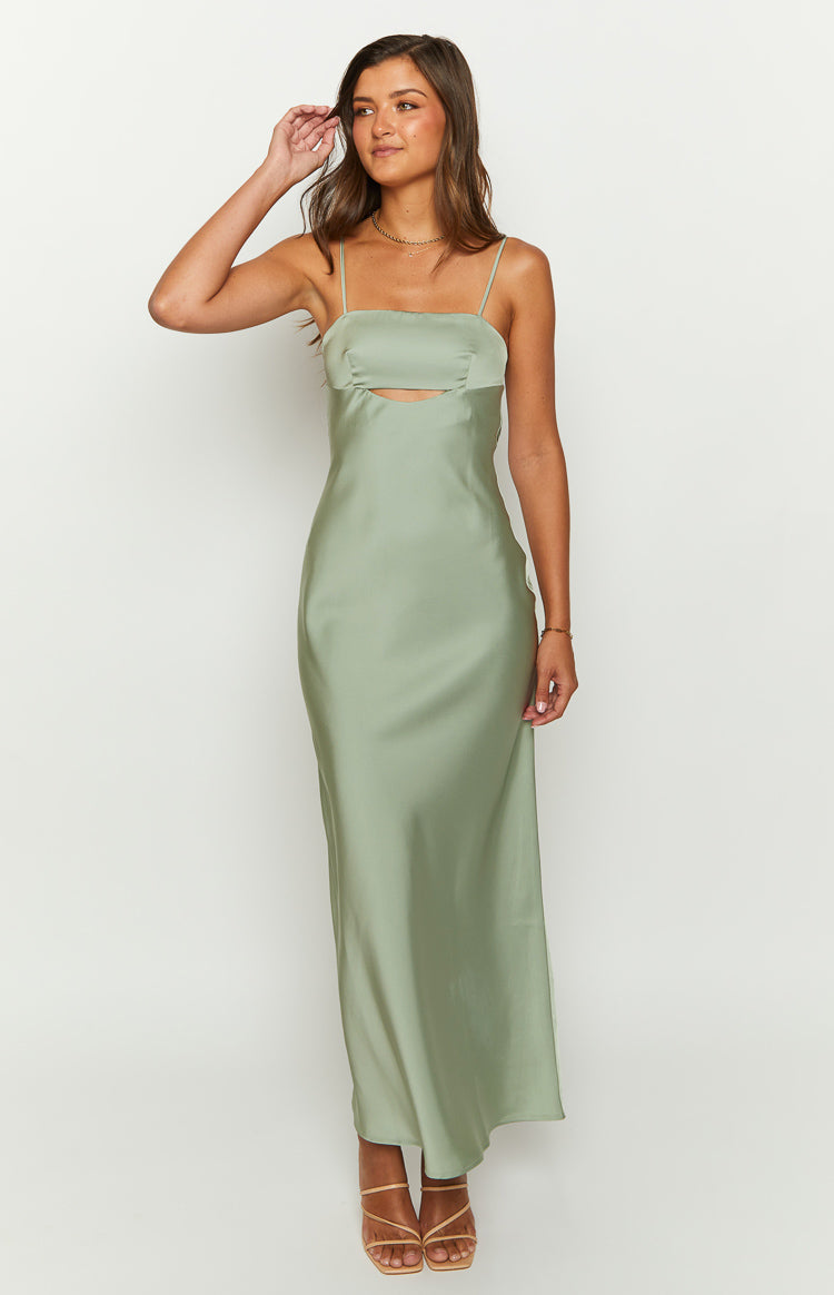 Amour Sage Satin Maxi Dress - Elegant Long Formal Evening Gown for Women, Wedding Guest Dress, Prom & Special Occasions