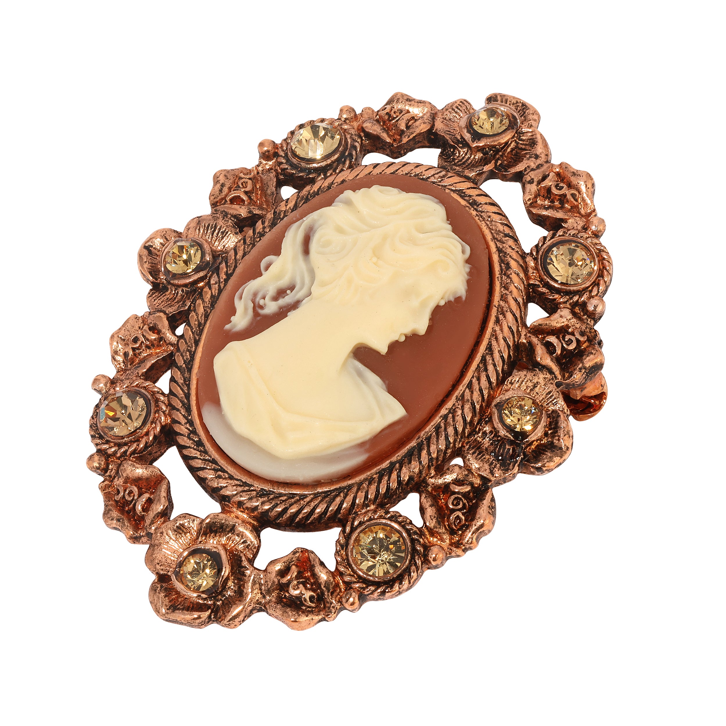 Vintage 1928 Floral & Topaz Crystal Cameo Brooch Pin - Elegant Antique Jewelry for Women, Perfect for Weddings, Parties & Special Occasions