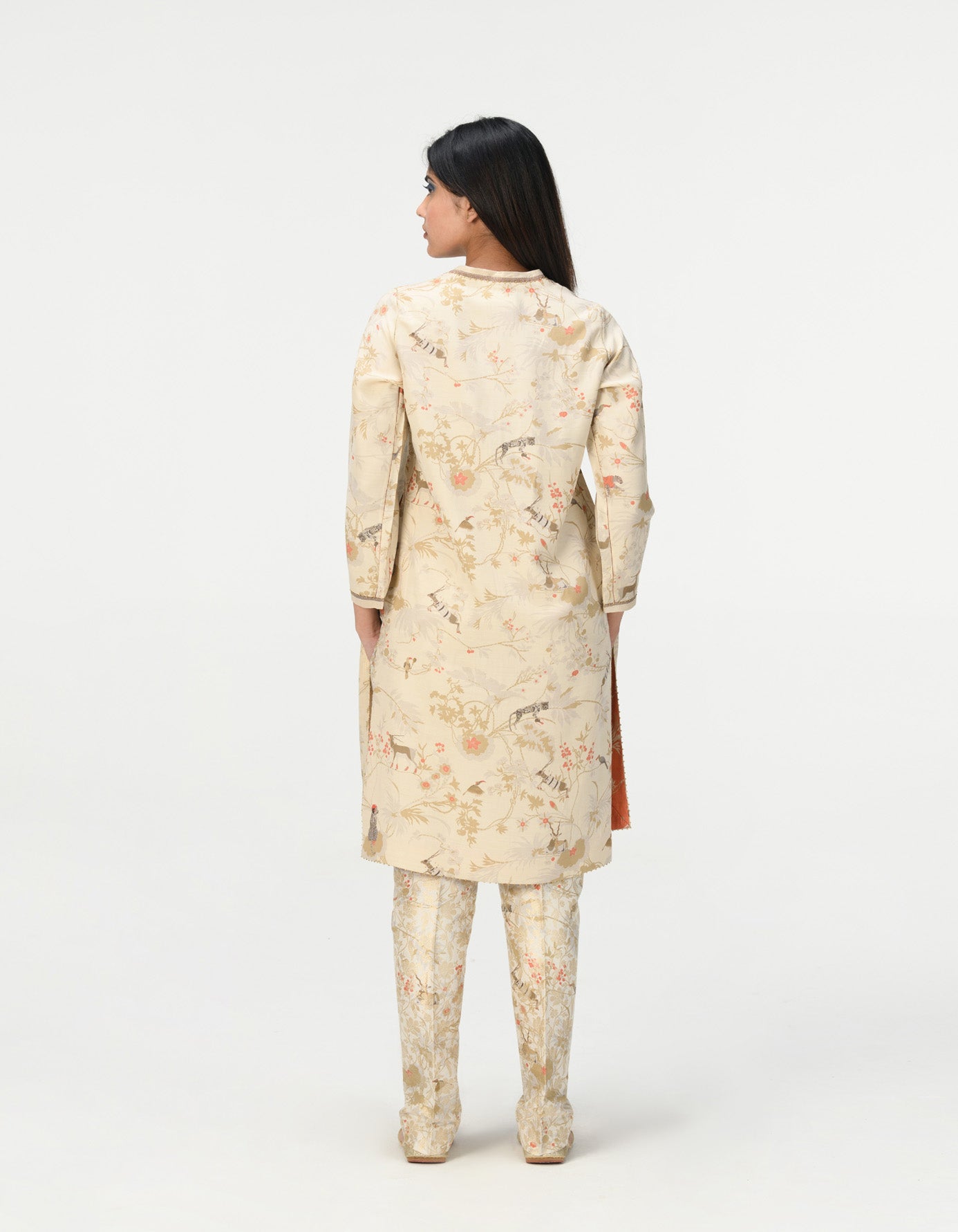 Roshan V Neck Kurta for Women - Elegant Muga Satin Ivory Indian Ethnic Wear - Perfect for Festivals, Weddings & Cultural Events