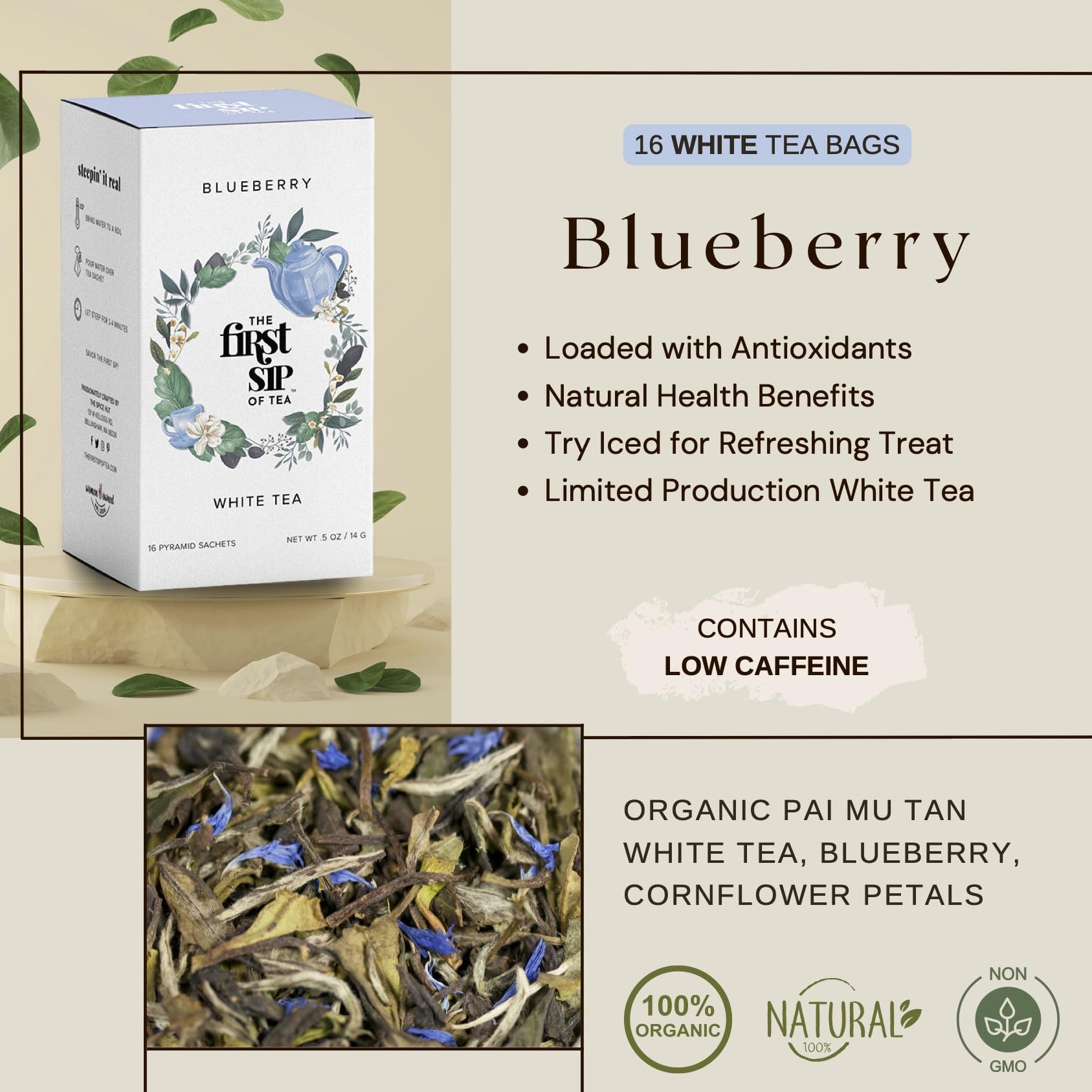Premium Blueberry White Tea Bags - Bai Mu Dan Low Caffeine Antioxidant Pyramid Sachets (16 Cups) | Hot & Iced Tea for Relaxation, Afternoon Tea & Healthy Lifestyle - The Spice Hut First Sip Collection