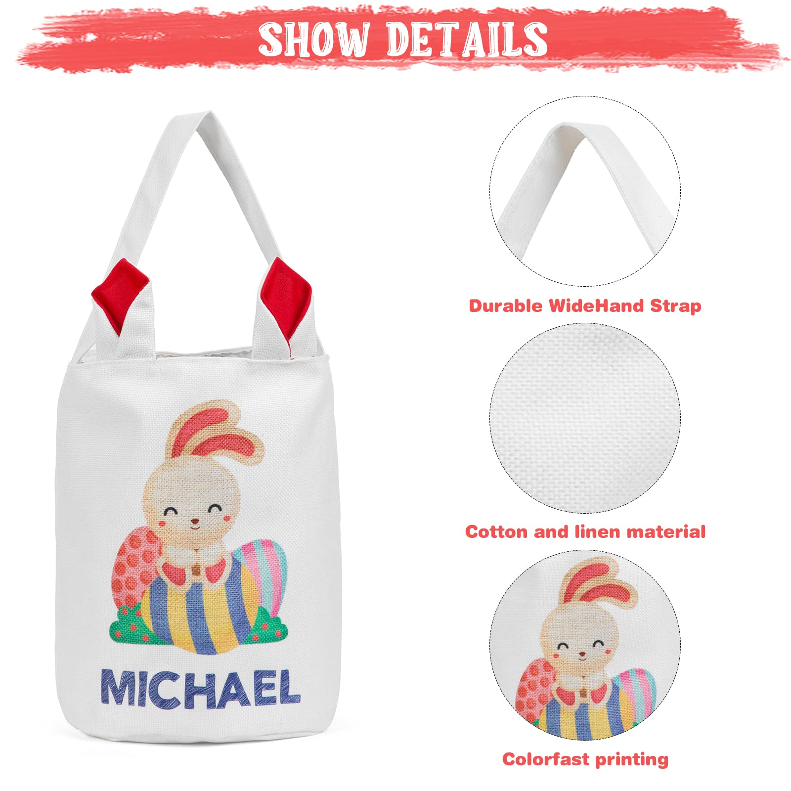 Personalized Easter Bunny Basket Bags with Custom Name - Cute Rabbit Print Candy Egg Buckets for Easter Gifts, Egg Hunts & Spring Decorations
