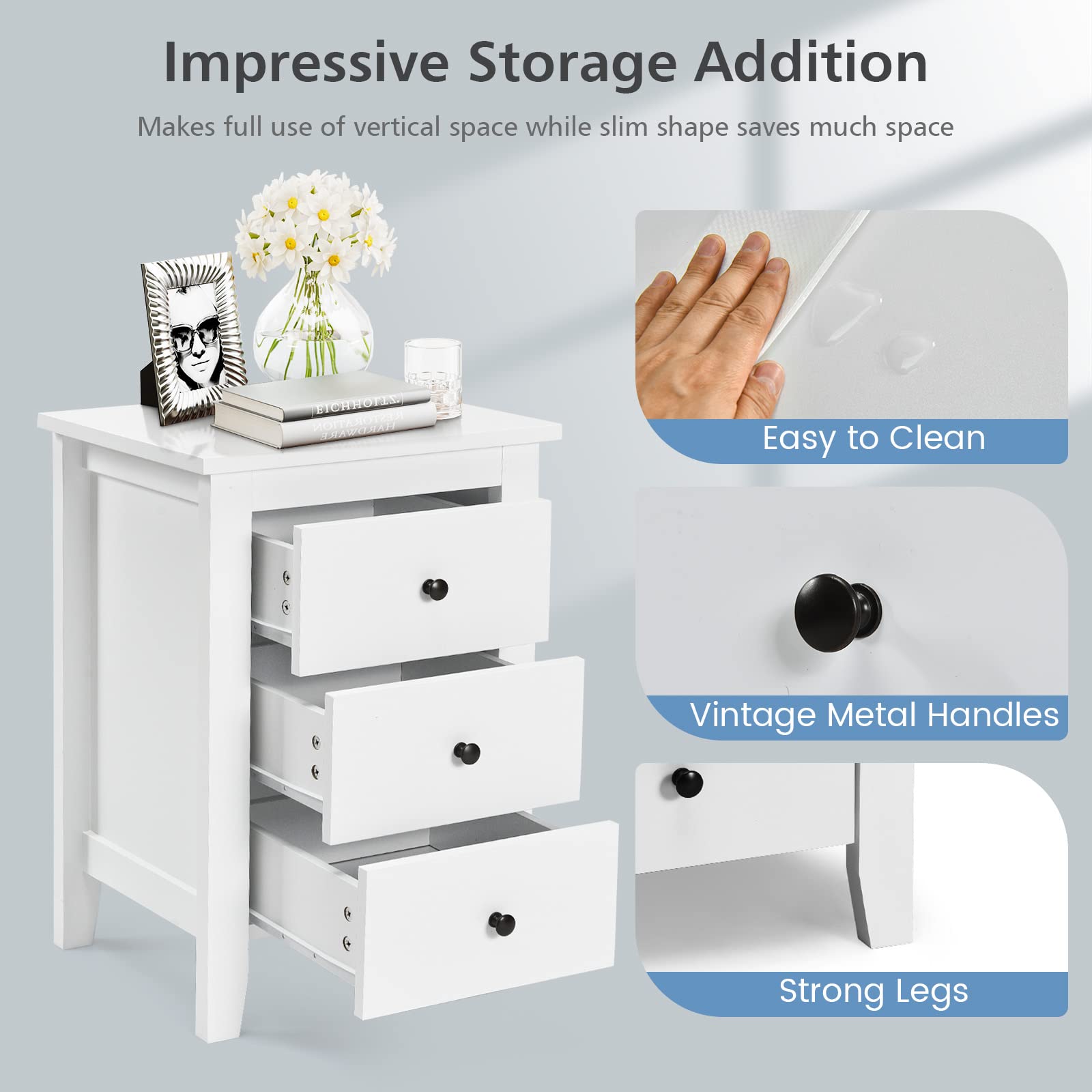 Safeplus 3-Drawer Nightstand - Solid Wood Side Table with Storage for Bedroom, Living Room & Office - White Finish, Compact & Stylish Accent Table for Small Spaces