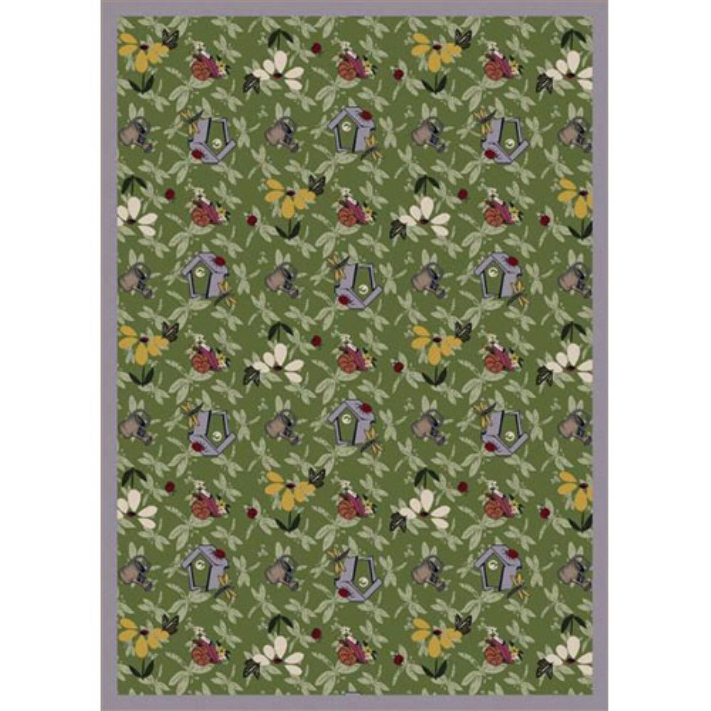 Joy Carpets Kaleidoscope Flower Garden Whimsical Area Rugs - Green Non-Slip Kids Playroom Rug for Nursery, Bedroom & Play Area Decor
