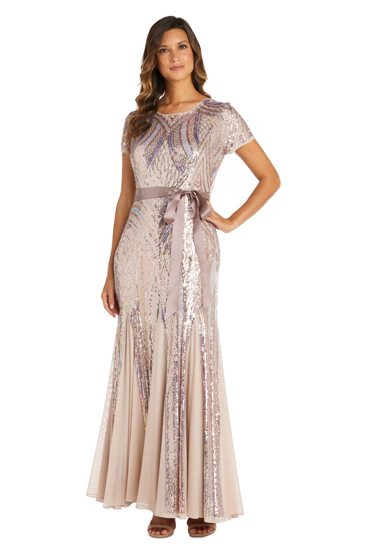 Sparkly Rainbow Sequin Short Sleeve Party Dress with Ribbon Detail - Perfect for Evening Events, Prom, Cocktail Parties & Special Occasions