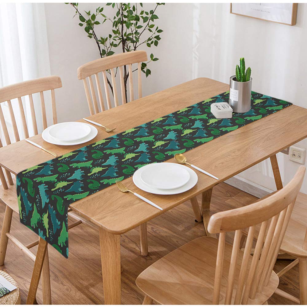 Swono Dinosaur Table Runner - Cute Seamless Dinosaur Pattern Cotton Linen Tablecloth for Kitchen, Coffee Table, Dining Room - Non-Slip 14x72 Inches - Perfect for Kids' Birthday Parties & Themed Decor