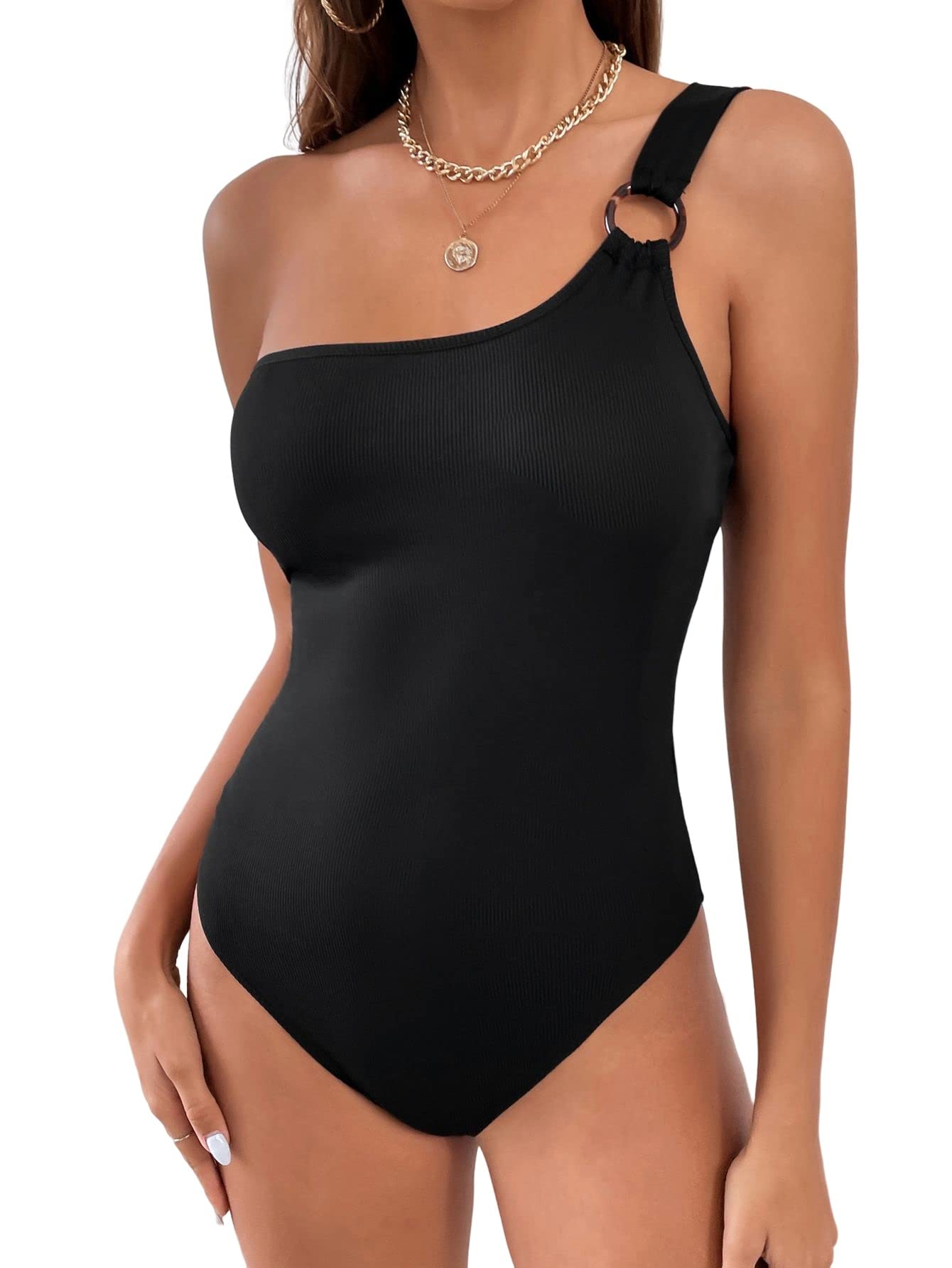 WDIRARA Women's Sexy Backless Ribbed One Shoulder Sleeveless O Ring Bodysuit - Clubwear, Night Out, Date Night Outfit