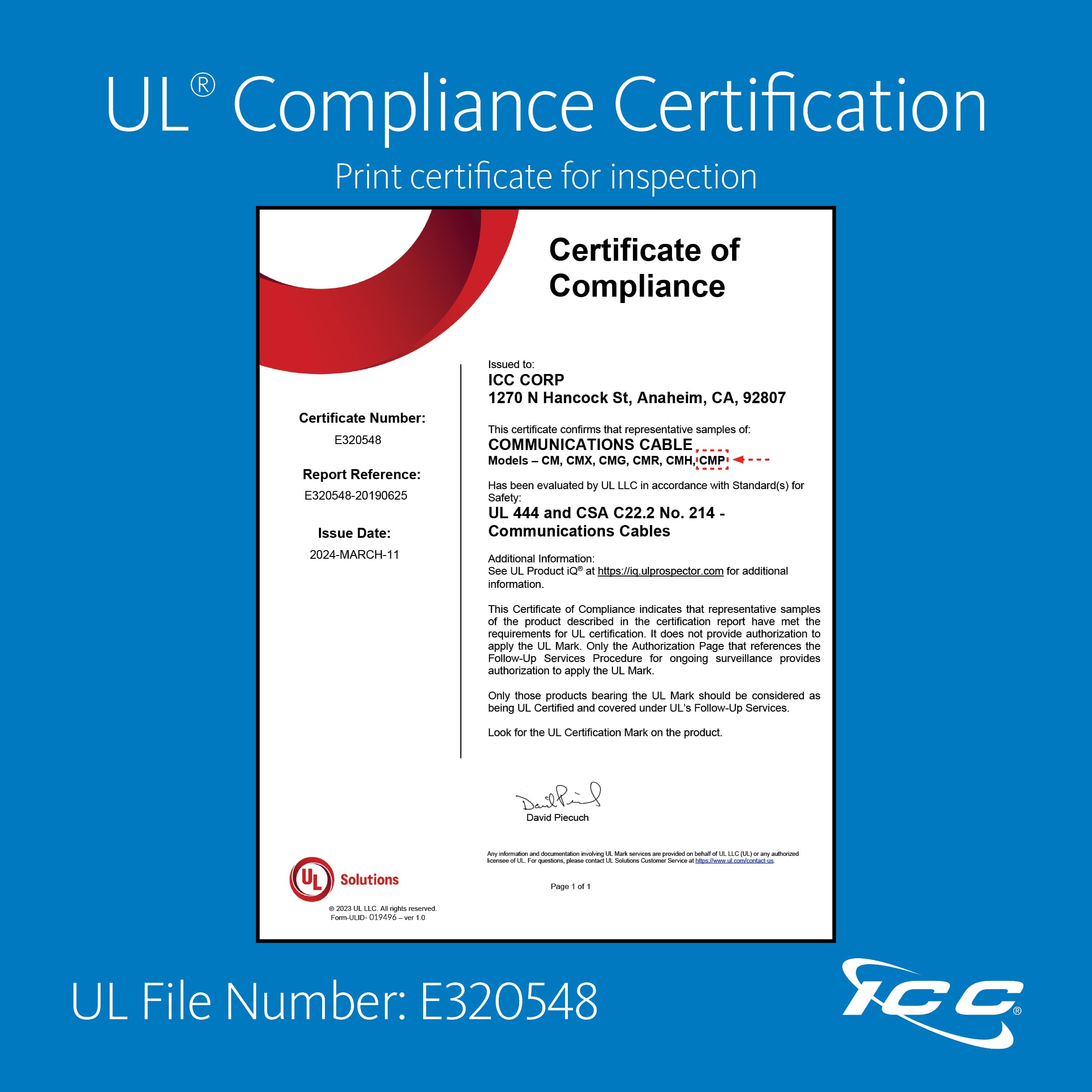 ICC Cat5e CMP Plenum 1000ft UTP 24AWG Solid Pure Copper Ethernet Cable | UL Certified True Plenum | PoE++ 350MHz | Reelex No Tangle Pull Box | Made in USA | NEC Compliant | White | Ideal for Office Networks, Data Centers & Commercial Wiring