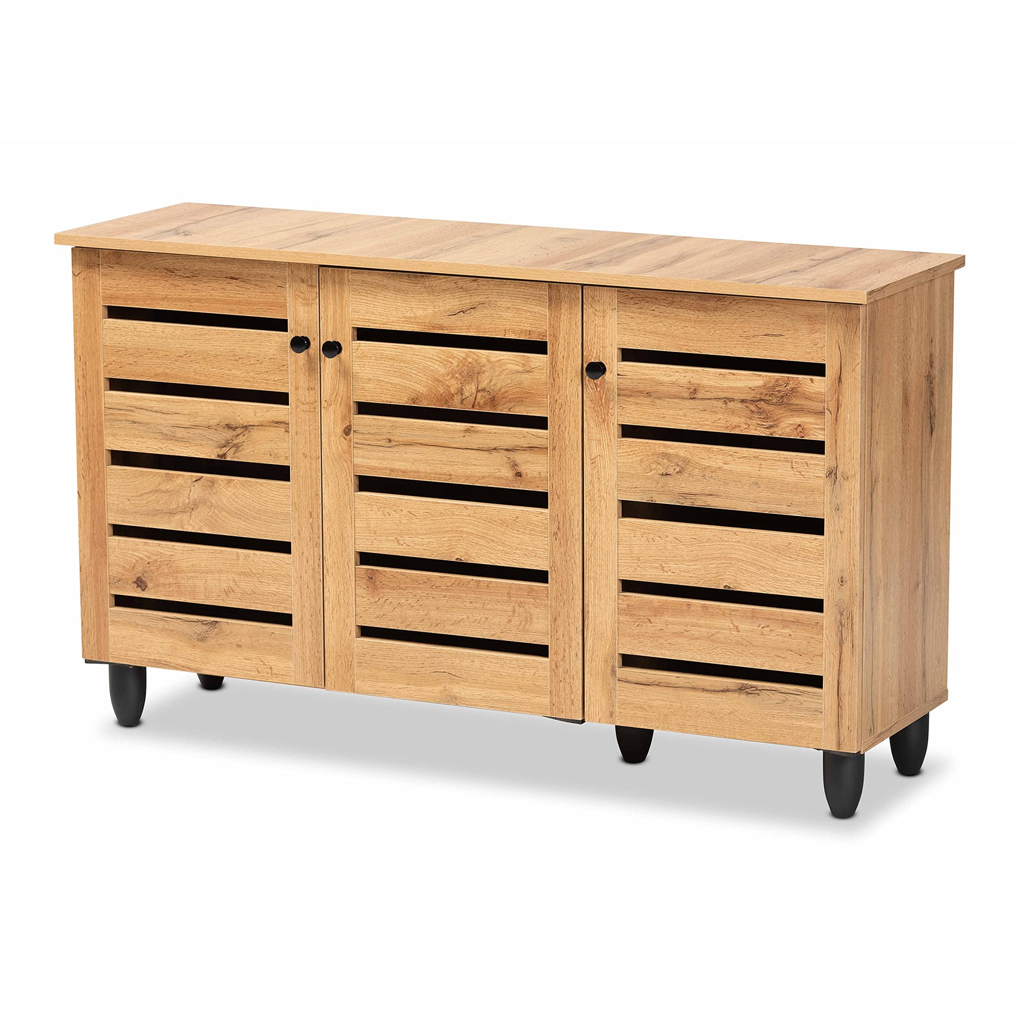 Baxton Studio Gisela Modern 3-Door Shoe Storage Cabinet - Solid Oak Wood with Brown Finish | Perfect for Entryway, Closet & Bedroom Organization