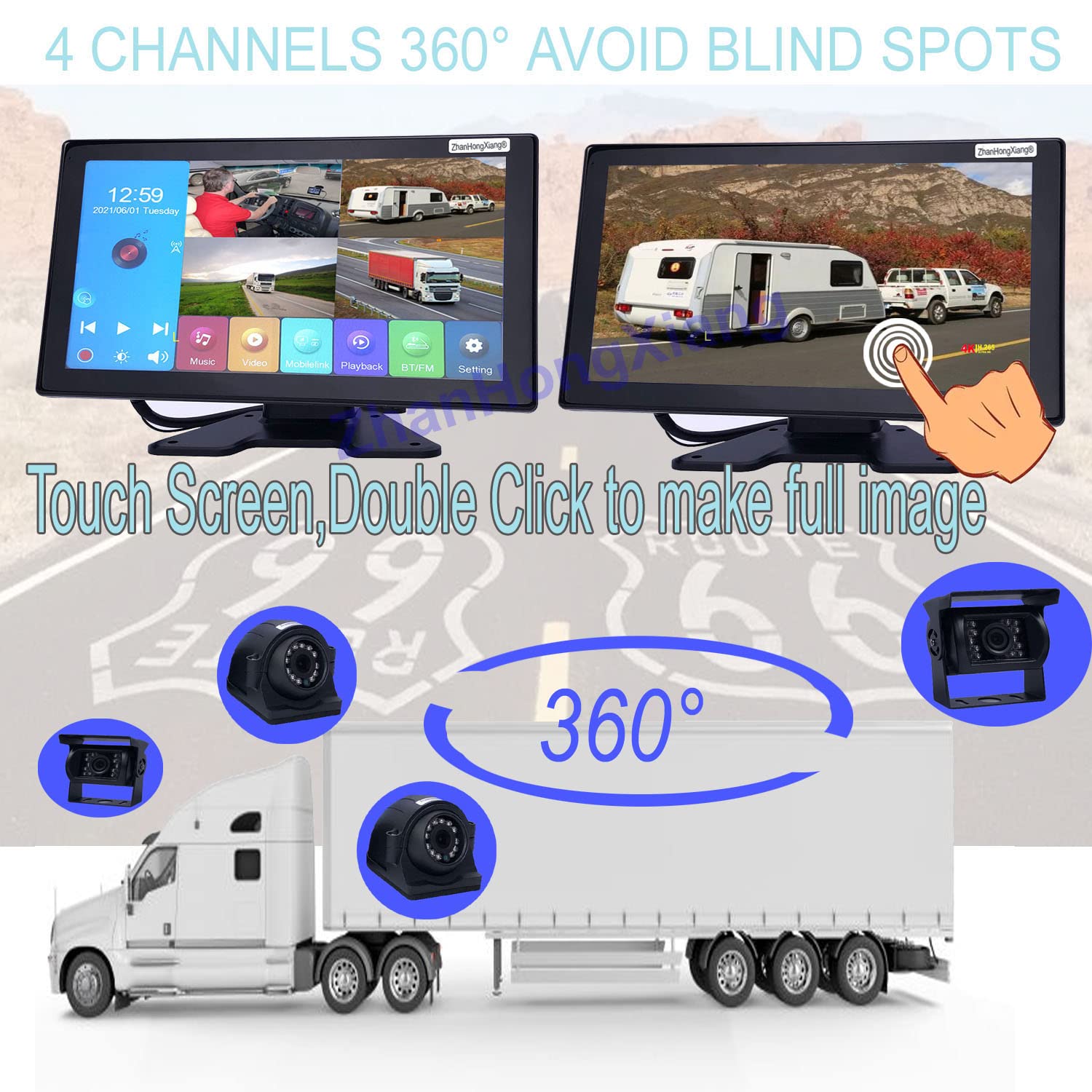 4K AHD 1080P Vehicle Reversing Camera DVR Monitor Kit - 4 Channel Front/Side/Rear View Parking Backup System with 10.1