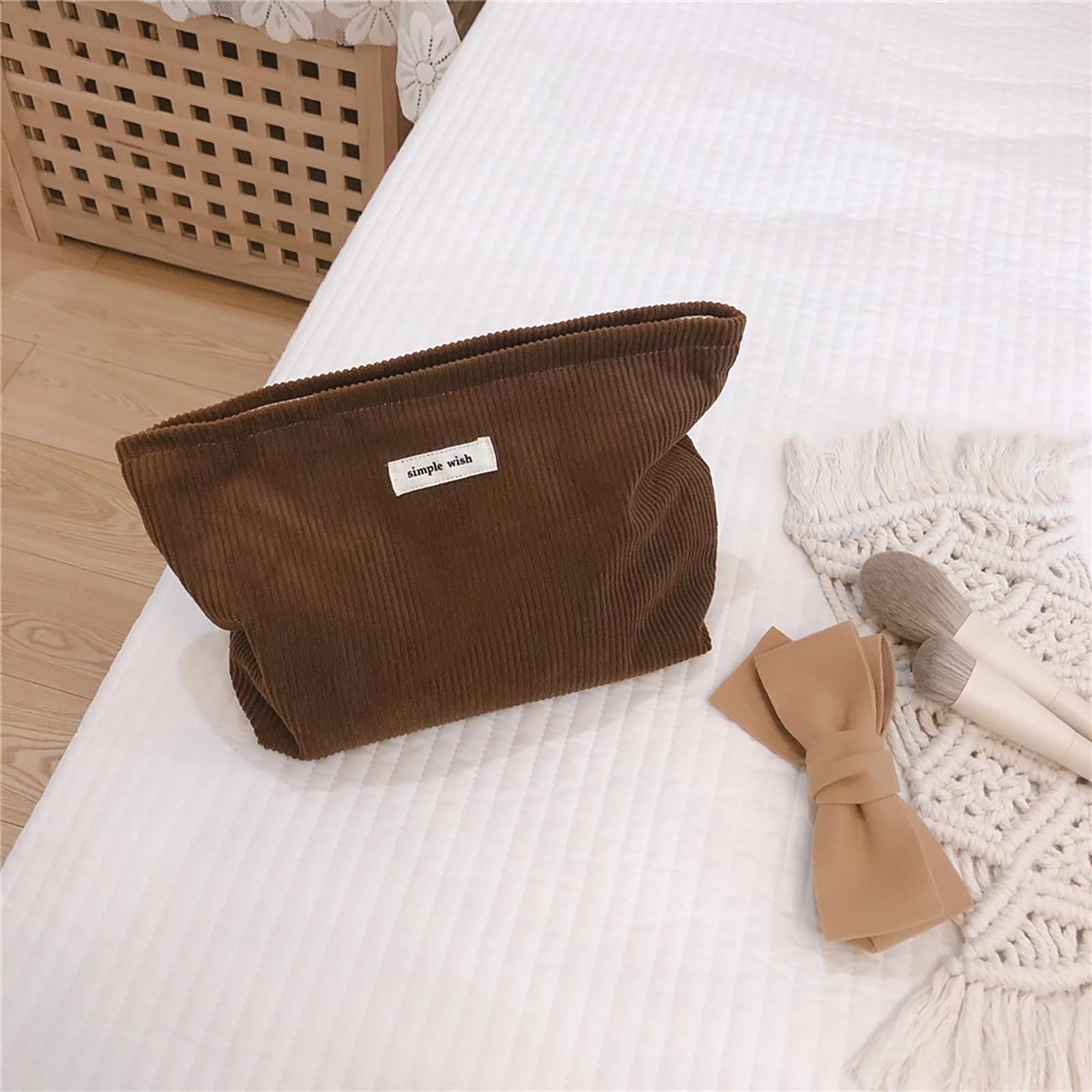Wudygirl Large Capacity Corduroy Makeup Bag for Women - Travel Cosmetic Organizer with Zipper, Toiletry Pouch (Coffee) - Perfect for Travel, Gym & Daily Beauty Storage