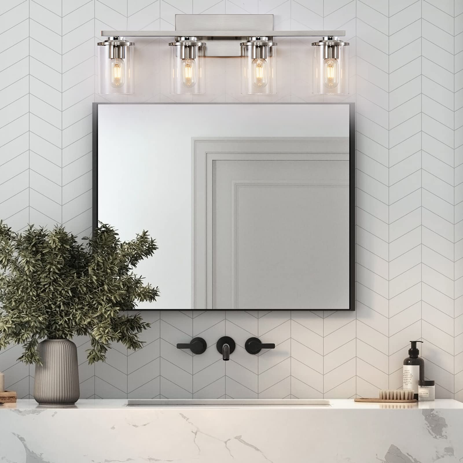 SADENICEL 4-Light Brushed Nickel Bathroom Vanity Lights with Clear Glass Shades - Elegant Wall Sconces for Bathroom Mirror Lighting, Perfect for Modern Home Decor and Spa-Like Ambiance