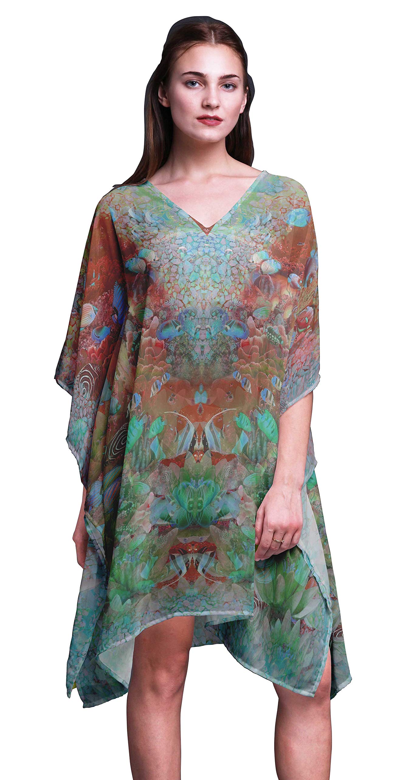 Women's Floral Short Beach Kaftan - Lightweight Bikini Cover Up Midi Dress for Summer Vacation, Pool Party & Beach Getaway