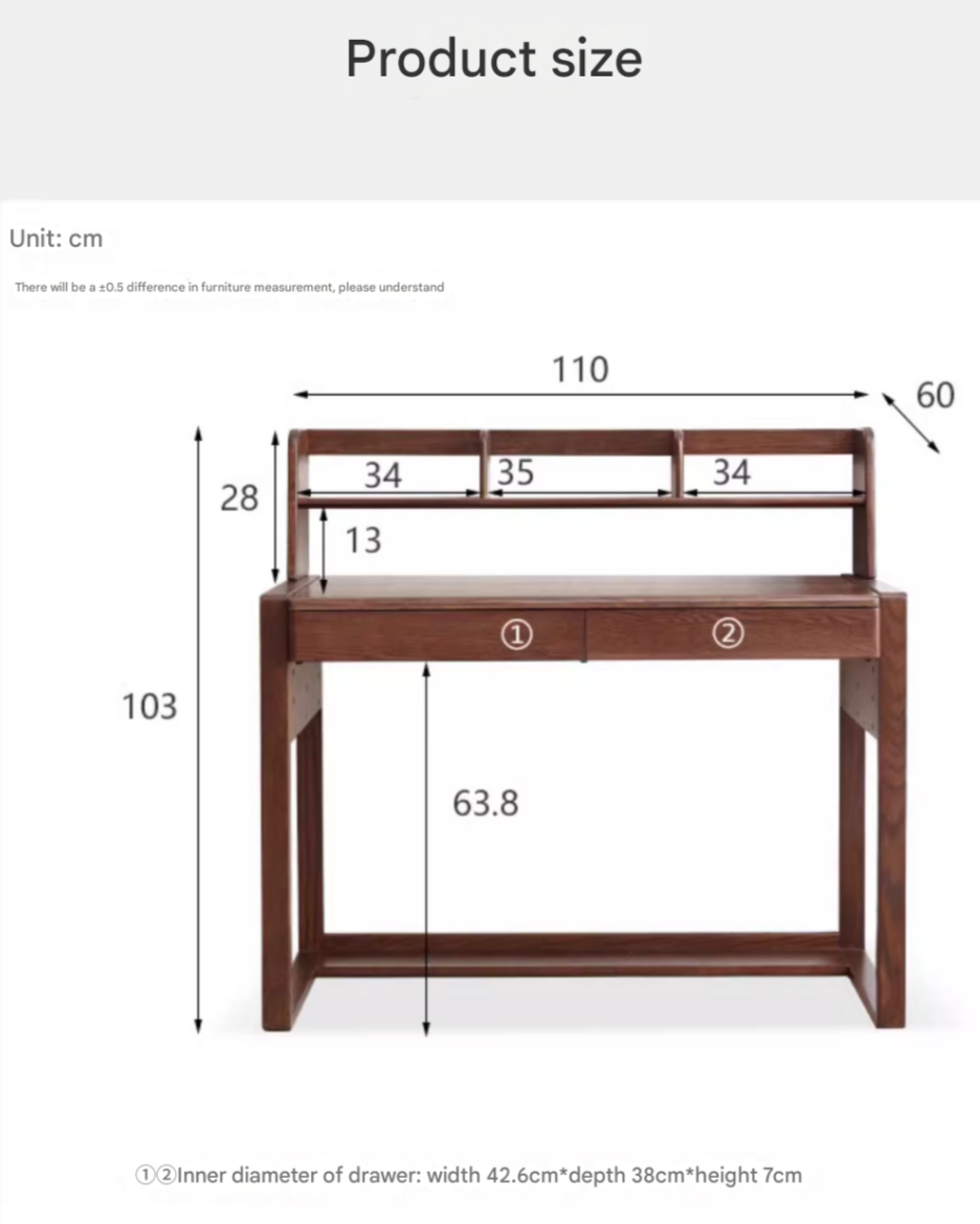 Solid Oak Wood Modern Combination Desk - Home Office Workstation for Study, Writing & Computer Use