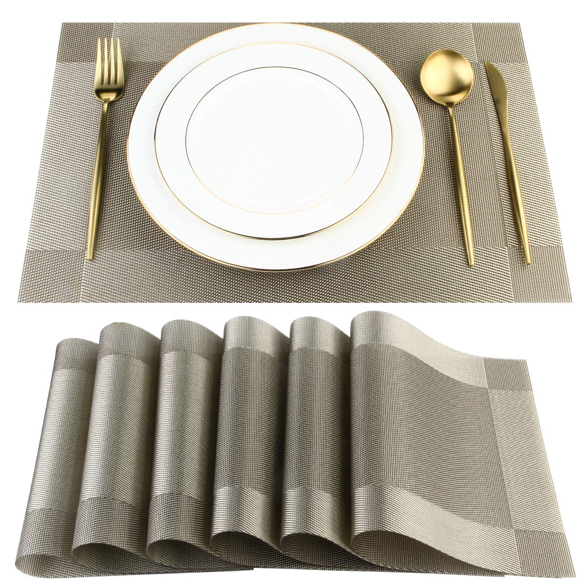 DACHUI Heat-Resistant PVC Placemats Set of 6 - Stain Proof, Non-Slip, Washable Vinyl Table Mats for Dining Room, Kitchen, Coffee Shop (Coffee-Cross Woven Design) - Perfect for Daily Meals, Parties & Restaurant Use