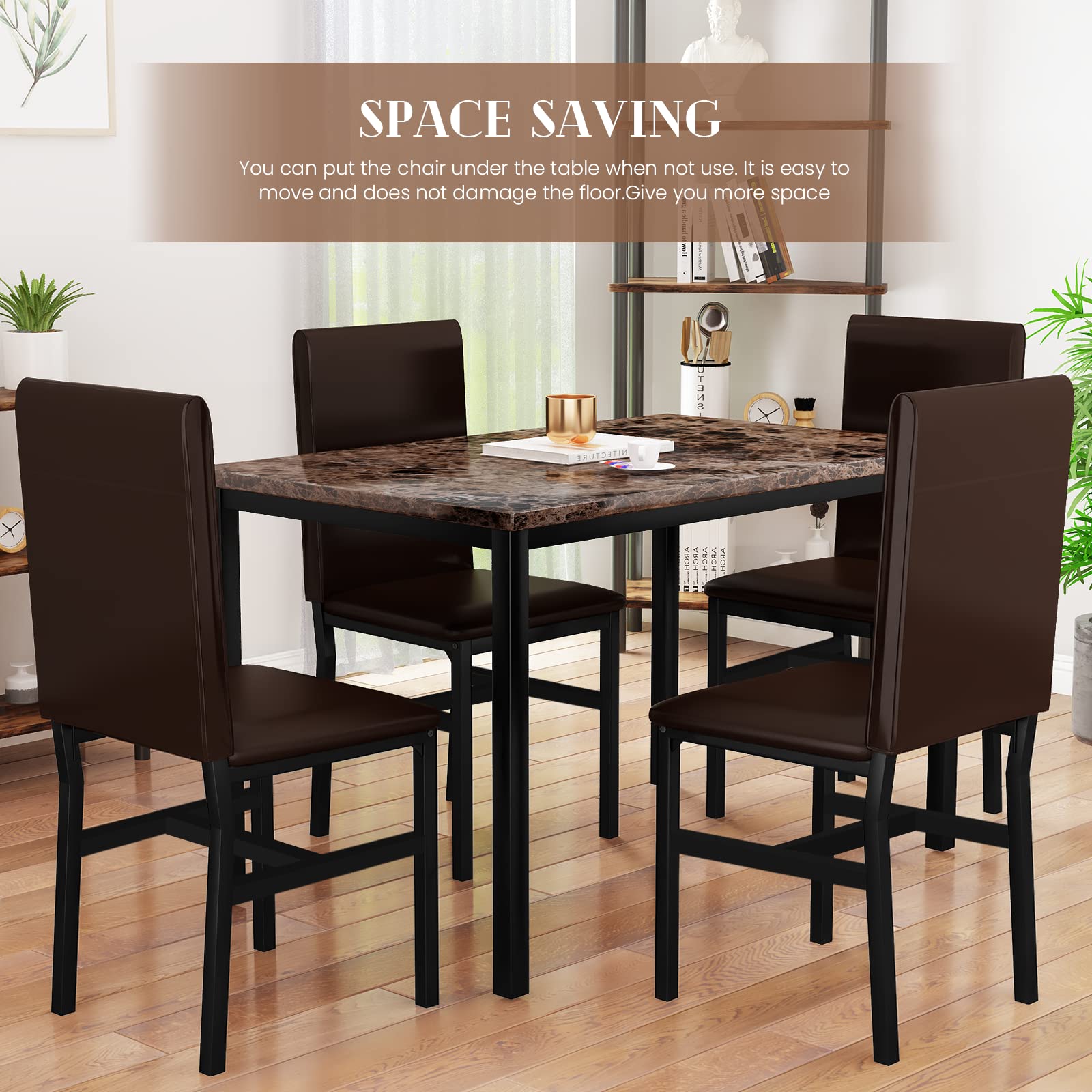 Modern 5-Piece Dining Table Set for 4 - Faux Marble Kitchen Table & 4 Chairs, Compact Brown Dinner Table Set for Small Spaces | Perfect for Apartments, Breakfast Nooks & Cozy Dining Areas