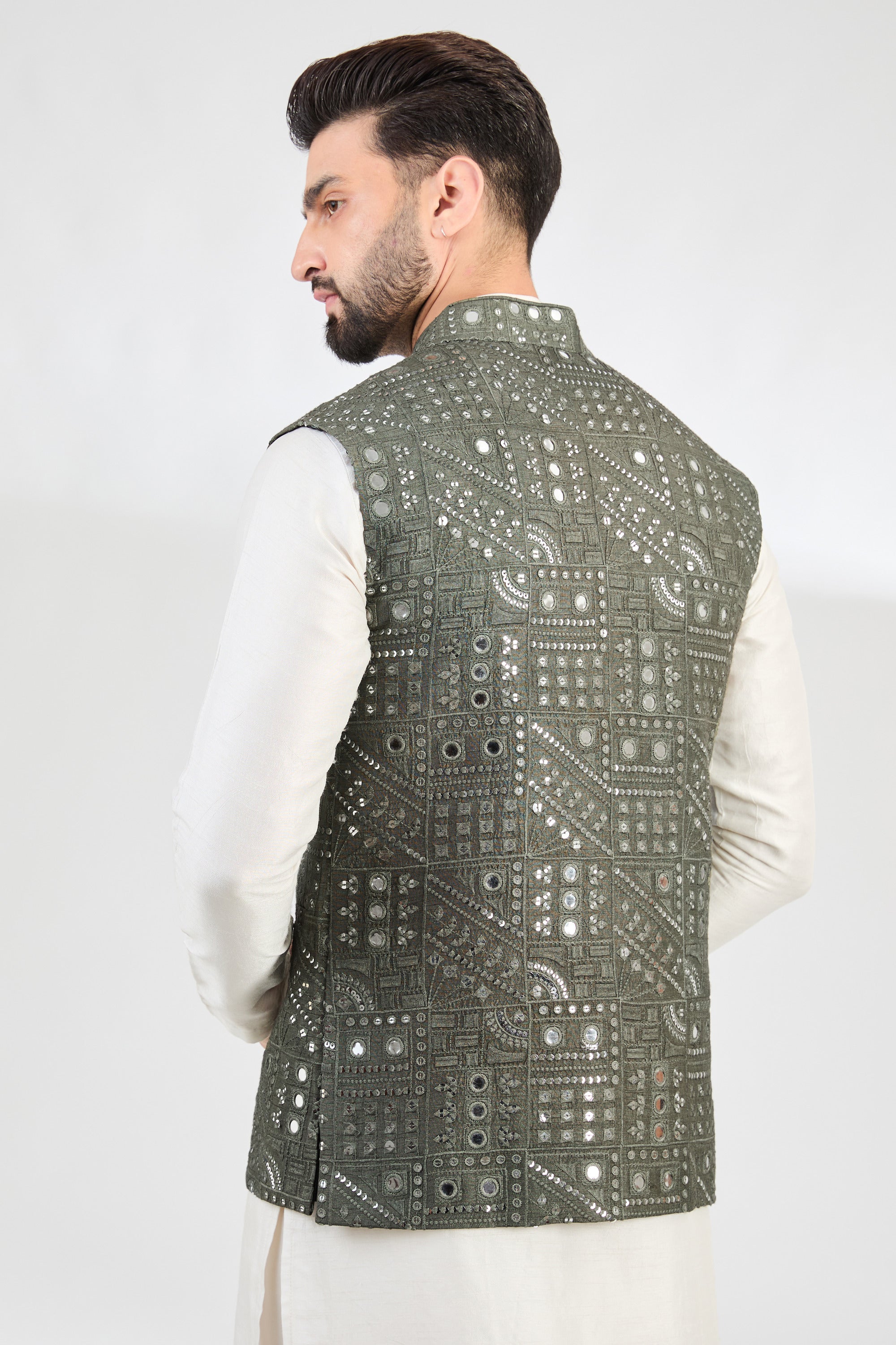 Military Green Abstract Mirror Work Jacket - Stylish & Durable Outerwear for Men & Women | Perfect for Outdoor Adventures, Casual Wear & Street Fashion