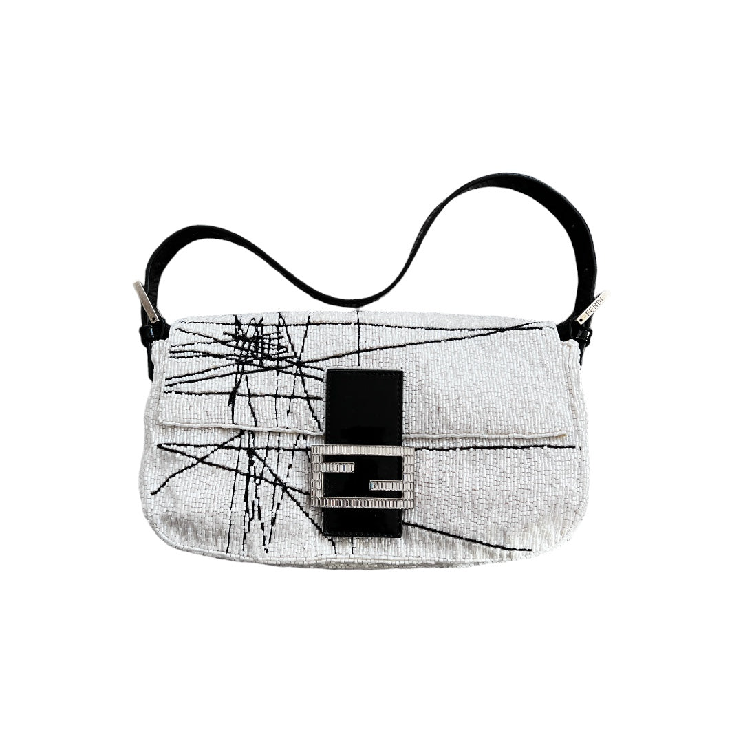 Vintage FENDI Limited Edition Beaded White & Black Baguette Shoulder Bag - Rare Designer Handbag for Women | Perfect for Evening Parties, Date Nights & Luxury Fashion Collectors