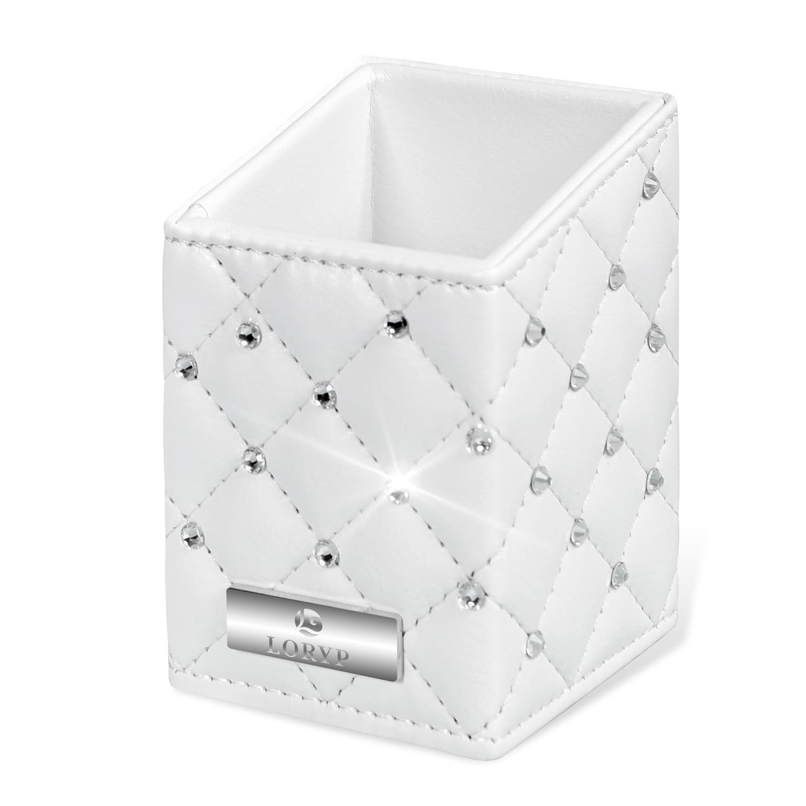 LORYP Crystal Makeup Brush Holder - Rhinestone & PU Cosmetic Brush Organizer - Handmade Vanity Storage for Dresser Countertop (White) | Perfect for Makeup Artists & Beauty Enthusiasts