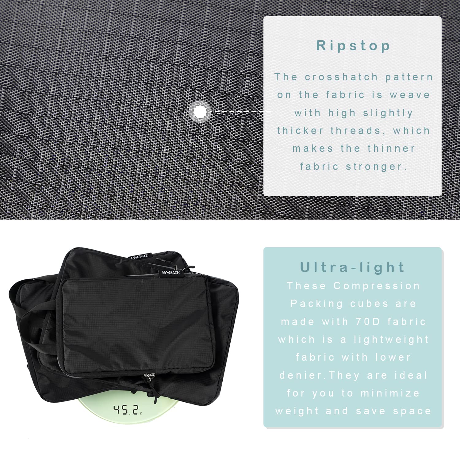 BAGAIL 4-Piece/6-Piece Ultralight Compression Packing Cubes Set - Travel Luggage Organizer for Suitcase & Backpack (70D Nylon, Black) - Perfect for Business Trips, Vacations & Weekend Getaways
