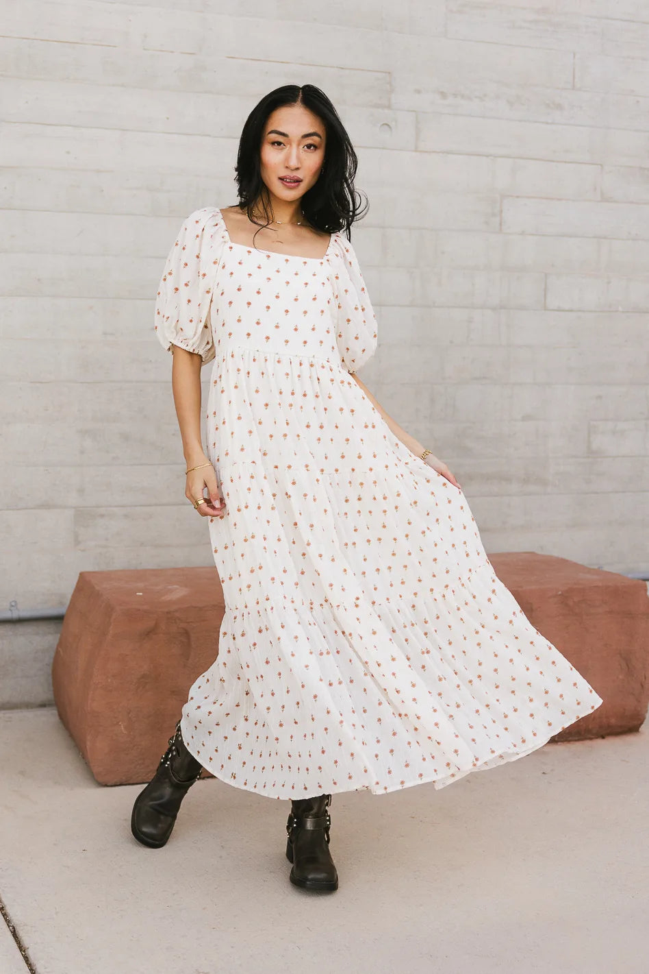 Landrie Ditsy Floral Dress in Rust - Women's Boho Summer Dress with Short Sleeves & Flowy Skirt | Perfect for Beach Vacations, Date Nights & Casual Outings