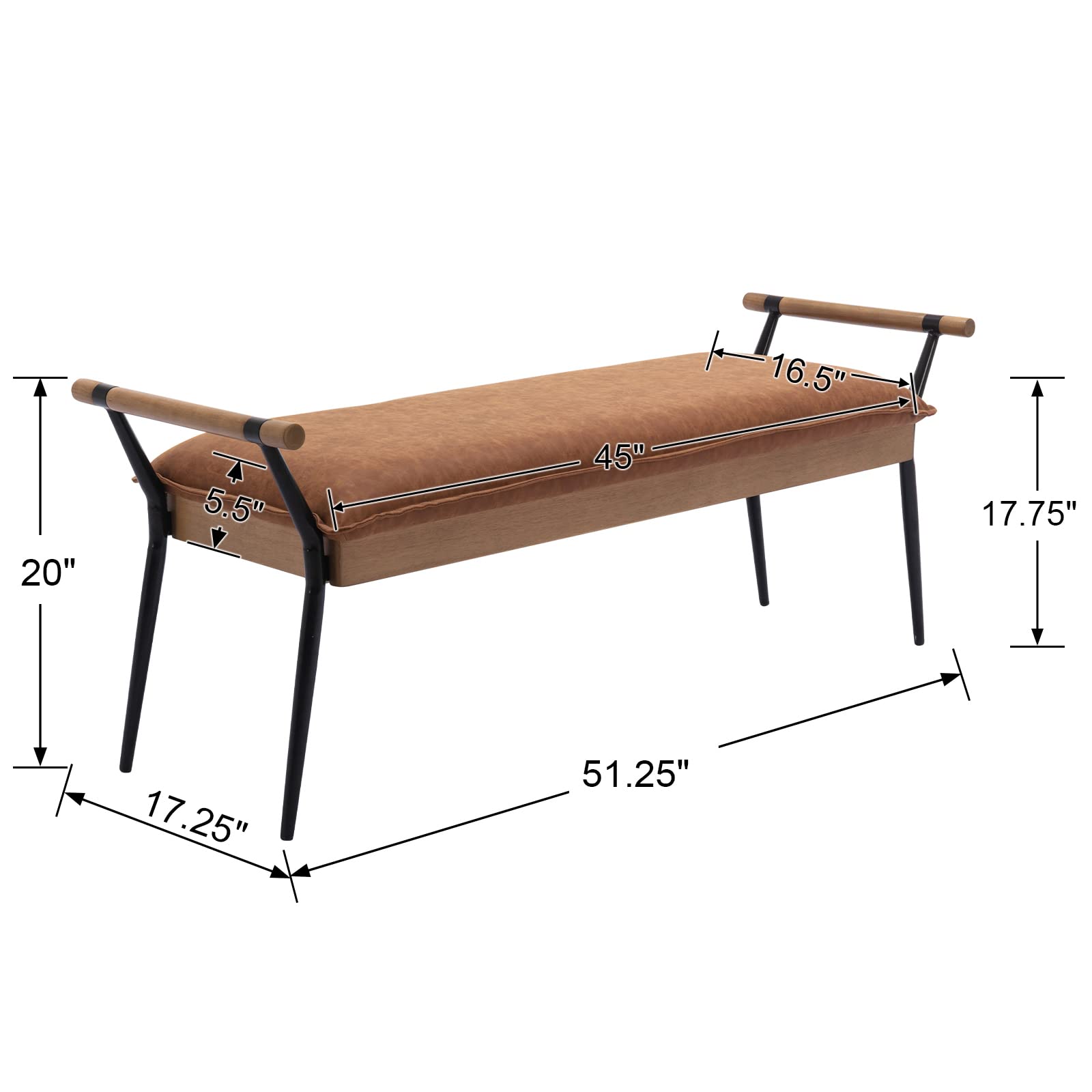 Modern Rectangle Ottoman Bench with Arms & Metal Legs - Mid Century PU Dining Table Bench, Footstool & Entryway Shoe Storage - Perfect for Living Room, Bedroom & Dining Room - Brown