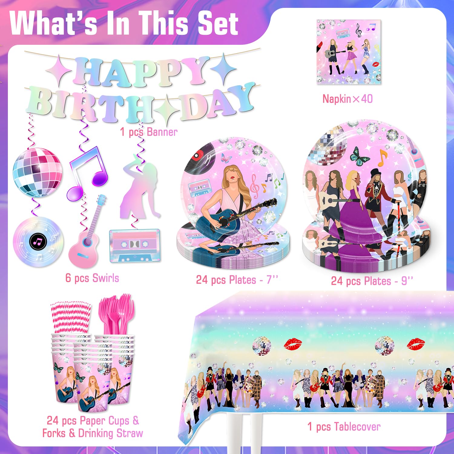 168pcs Birthday Party Decorations Set - Includes Banner, Hanging Swirls, Plates, Napkins, Tablecloth, Cups, Forks & Straws - Music Theme Party Supplies for 24 Guests - Perfect for Birthday Celebrations, Baby Showers & Special Events