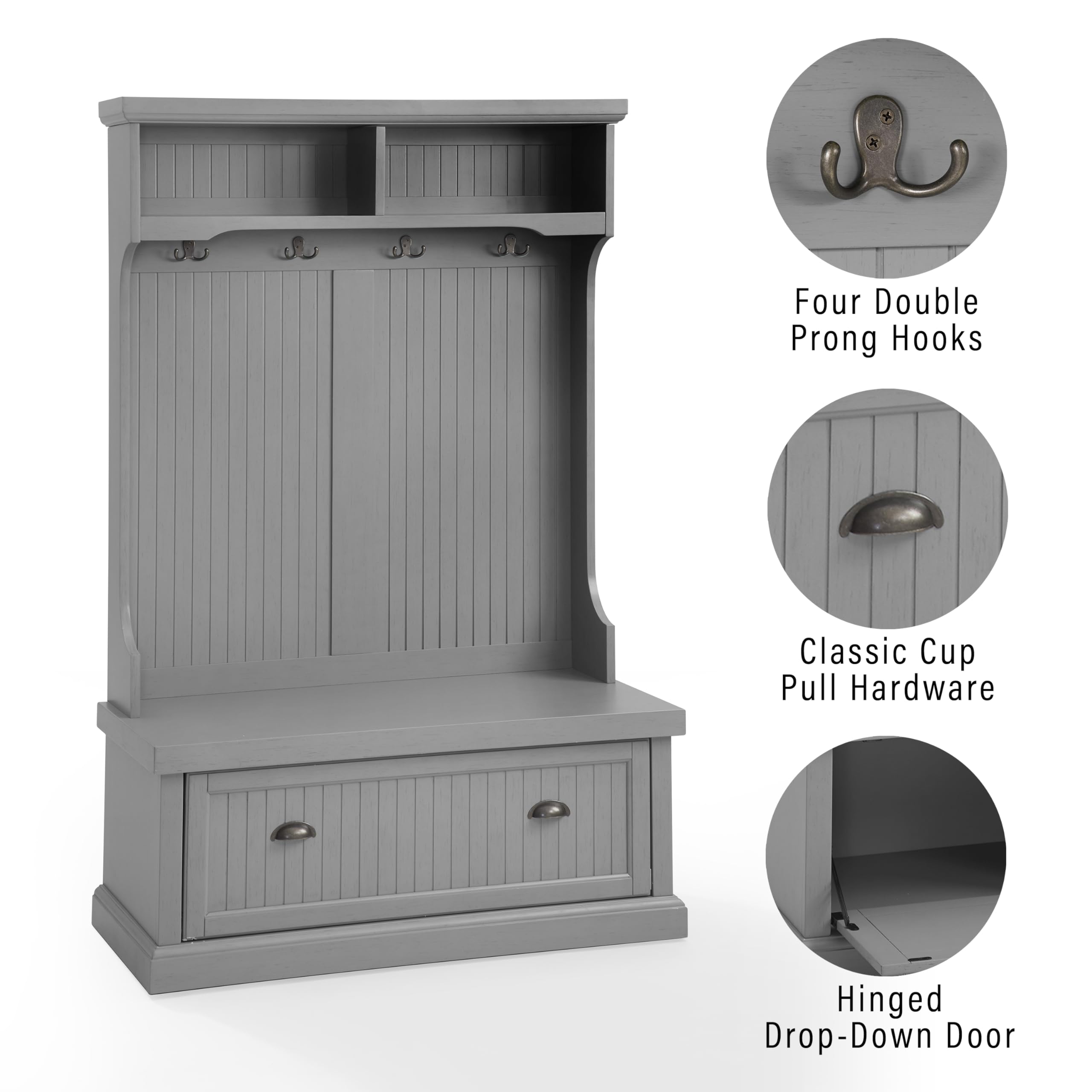 Crosley Furniture Seaside Hall Tree with Shoe Rack Bench & Coat Hooks - Entryway Storage Organizer in Distressed Gray - Perfect for Mudrooms, Foyers & Small Spaces