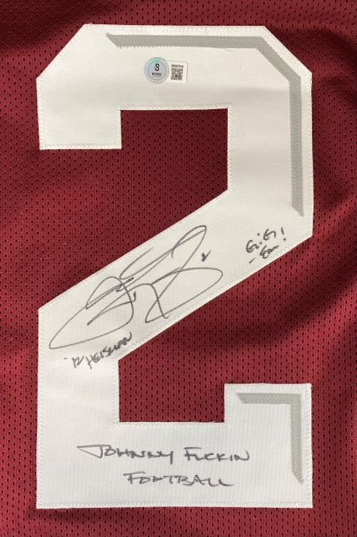 Johnny Manziel Texas A&M Signed Authentic College Football Jersey with 3 Inscriptions & 2 BAS ITP Certificates - Perfect for Sports Memorabilia Collectors, Game Room Decor, and Football Fan Gifts