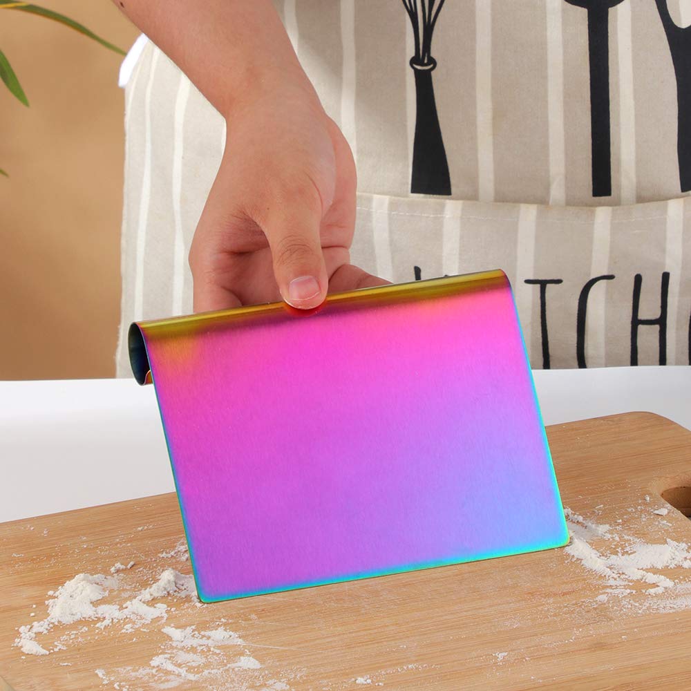 Stainless Steel Dough Scraper & Pastry Cutter with Measuring Scale - Multipurpose Bench Scraper, Pizza Dough Cutter, Bread Knife - Perfect for Baking, Cake Decorating & Pizza Making (Rainbow Mirror Polish)