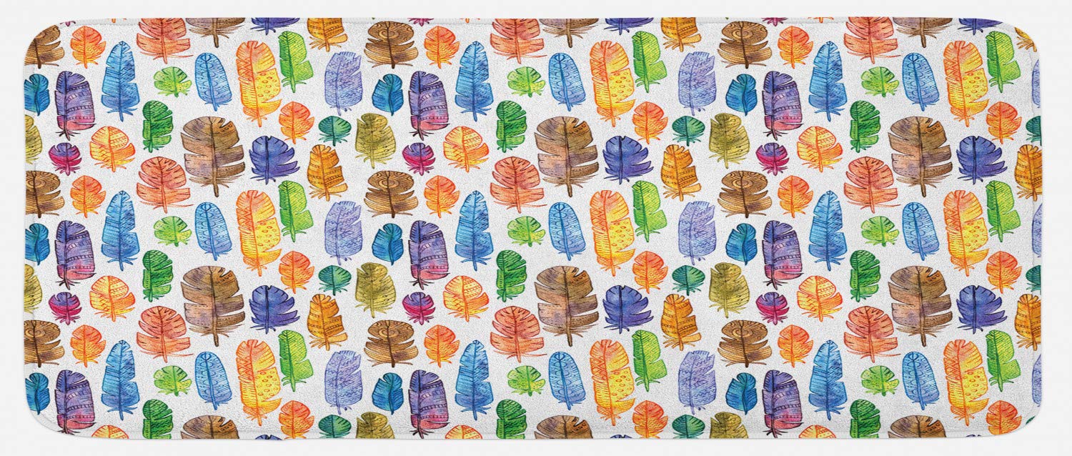Ambesonne Non-Slip Plush Kitchen Rug with Watercolor Feather Design, 47