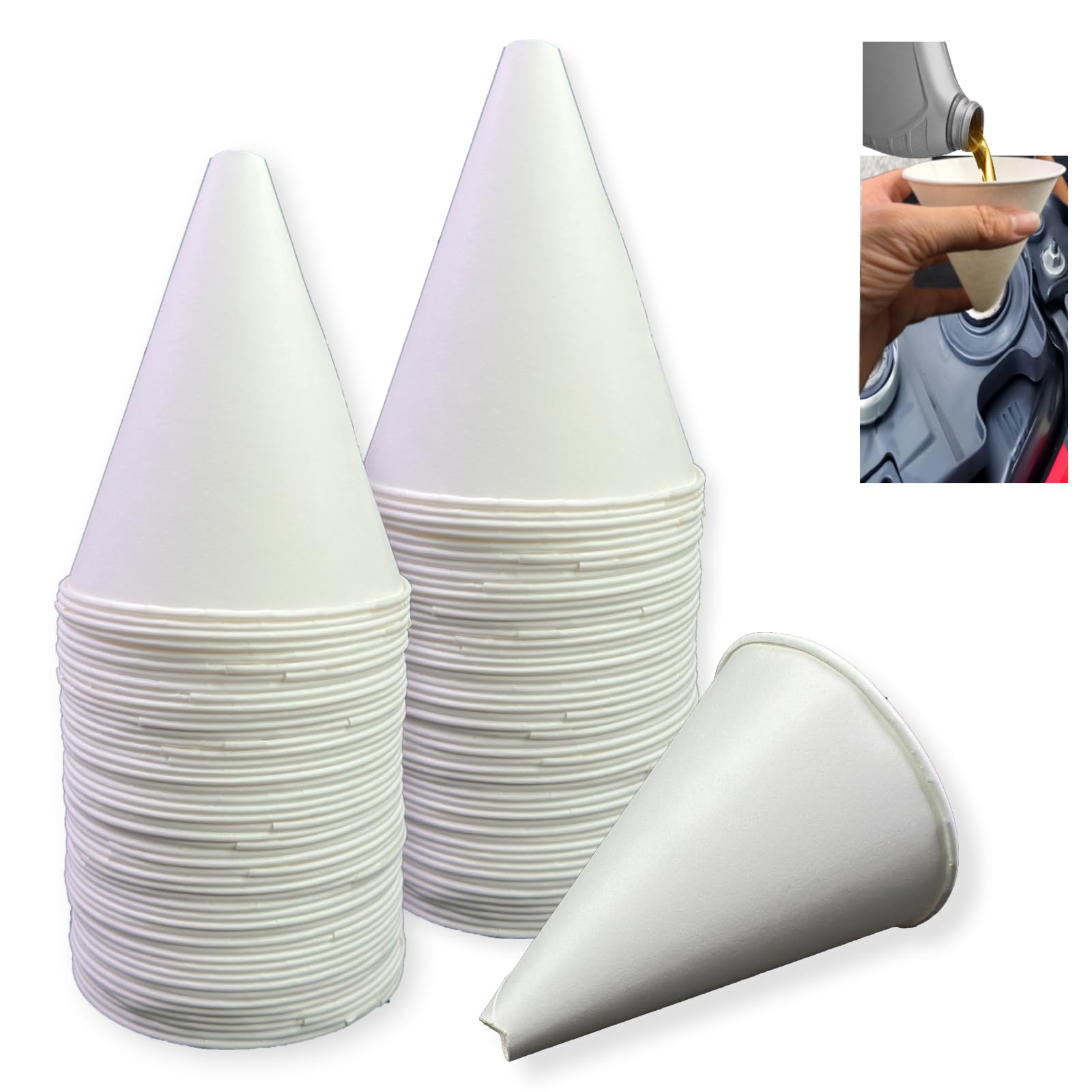 100 Pcs Disposable Paper Funnels 6oz - Motor Oil Funnel for Engine, Kitchen, Bottle Filling - Leak-Proof & Eco-Friendly - Perfect for DIY Auto Repair, Cooking, and Crafting