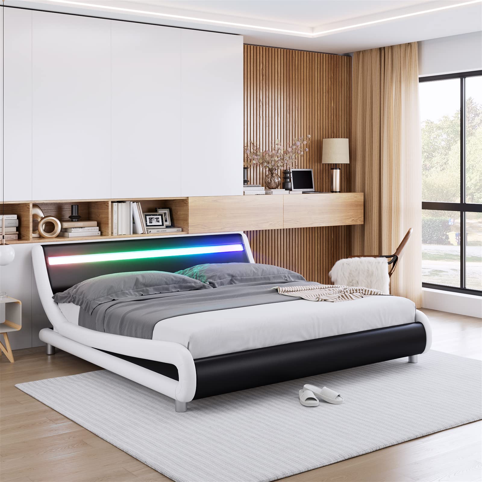 Keyluv Upholstered Queen LED Bed Frame with Headboard - Modern Low Profile Platform Bed with Sturdy Slat Support, Faux Leather Wave Design, Easy Assembly, No Box Spring Needed (Black/White) - Perfect for Modern Bedrooms, Guest Rooms & Small Spaces