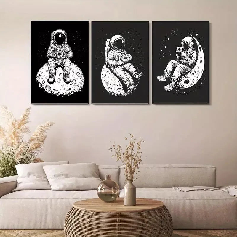 3-Piece Black and White Astronaut on Moon Wall Art Set - Framed Canvas 40x60cm (16x24in) | High Quality Print | Australian Made | Ready to Hang | Perfect for Living Room, Bedroom & Office Decor