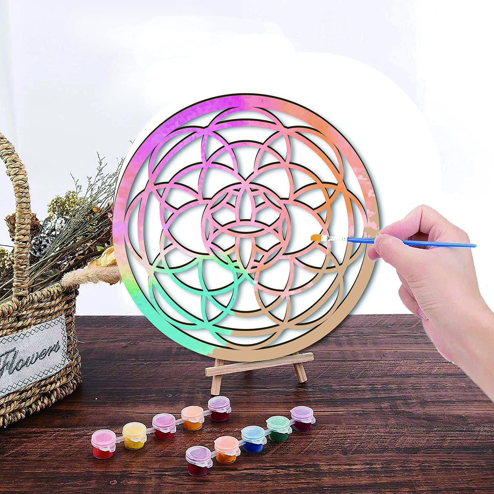 10 Inch Wood Flower Wall Decor - Laser Cut Sacred Geometry Crystal Grid Wall Art - Spiritual Symbol Hanging Decor for Home, Office & Yoga Studio - Perfect for Housewarming Gifts & Meditation Spaces
