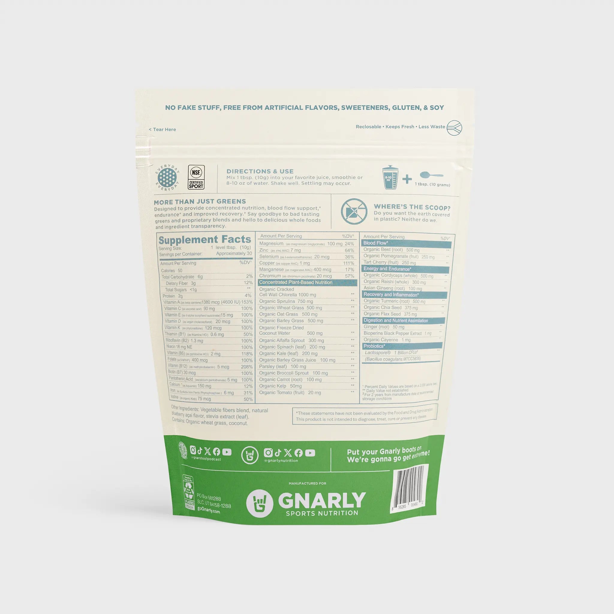 Gnarly Performance Greens Superfood Powder - Organic Vegan Greens Supplement for Energy & Digestion - Perfect for Smoothies, Juices & Post-Workout Recovery