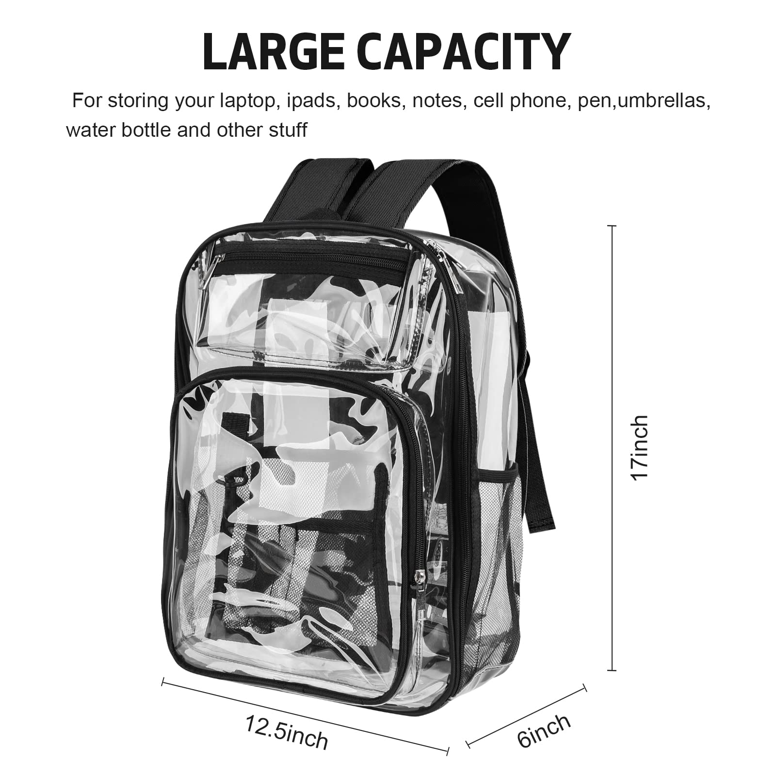 AnSun Clear PVC Backpack - Large Heavy Duty Transparent Bookbag for School, Work, Travel & Sports - Reinforced Shoulder Straps for Kids & Adults - Ideal for Airport Security, Concerts & Stadium Events (Carbon Black)