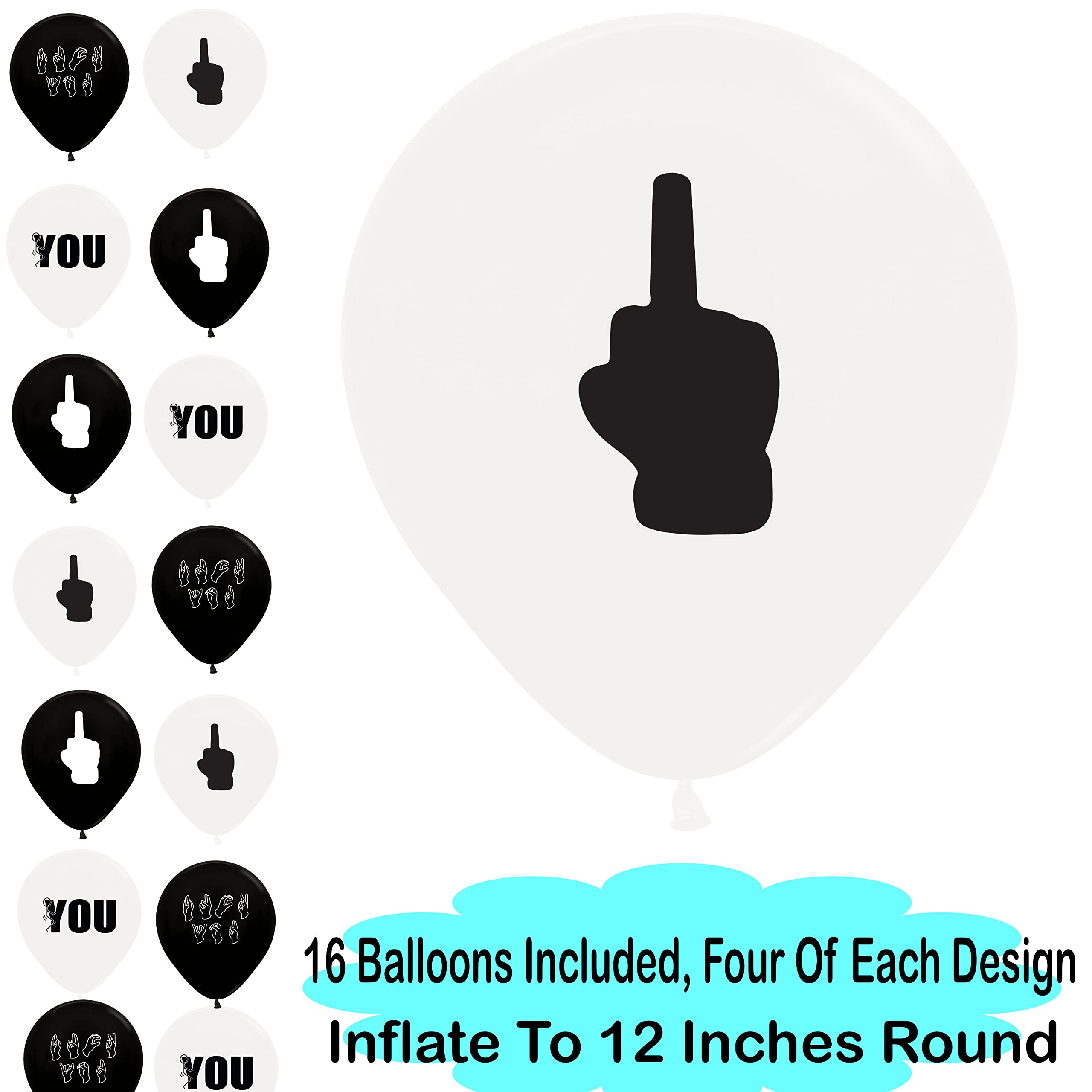 ROFLmart 16pcs Black Middle Finger Balloons - Funny Fuck You Party Decorations for Adults - Perfect for Bachelorette Parties, Birthday Gags & Office Pranks