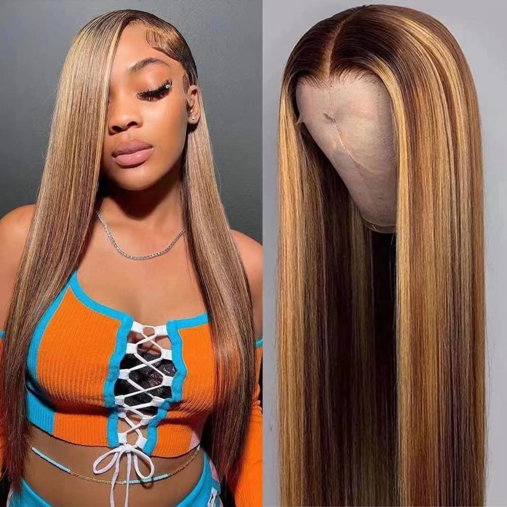 13x4 HD Straight Lace Front Wig Human Hair - Ombre Highlight 180% Density Pre-Plucked with Baby Hair | Perfect for Daily Wear, Cosplay & Special Occasions