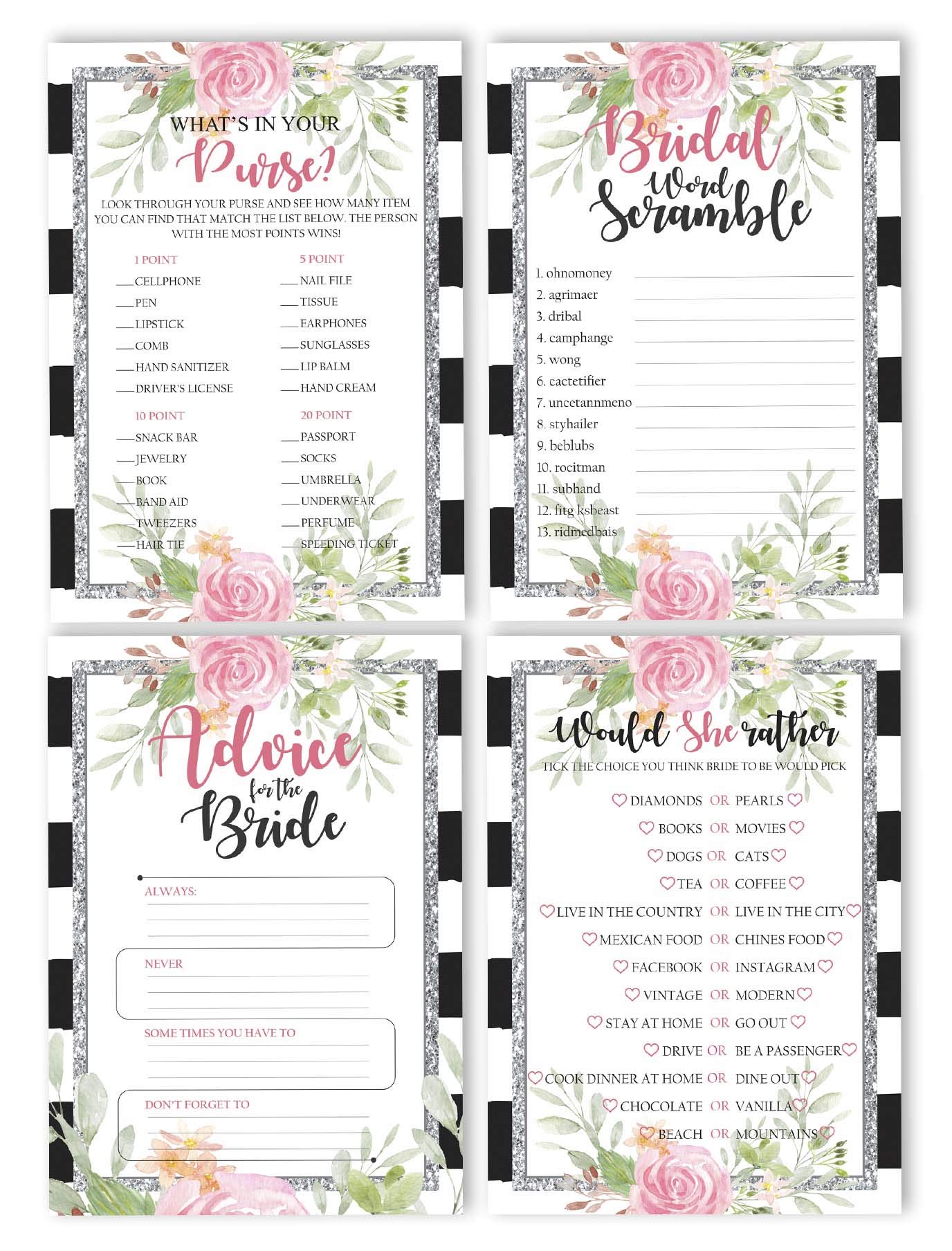 Floral Bridal Shower Games Set of 4 (50 Sheets Each) - Fun Bachelorette Party Games Bundle for Wedding Showers, Girls Night & Bachelorette Parties