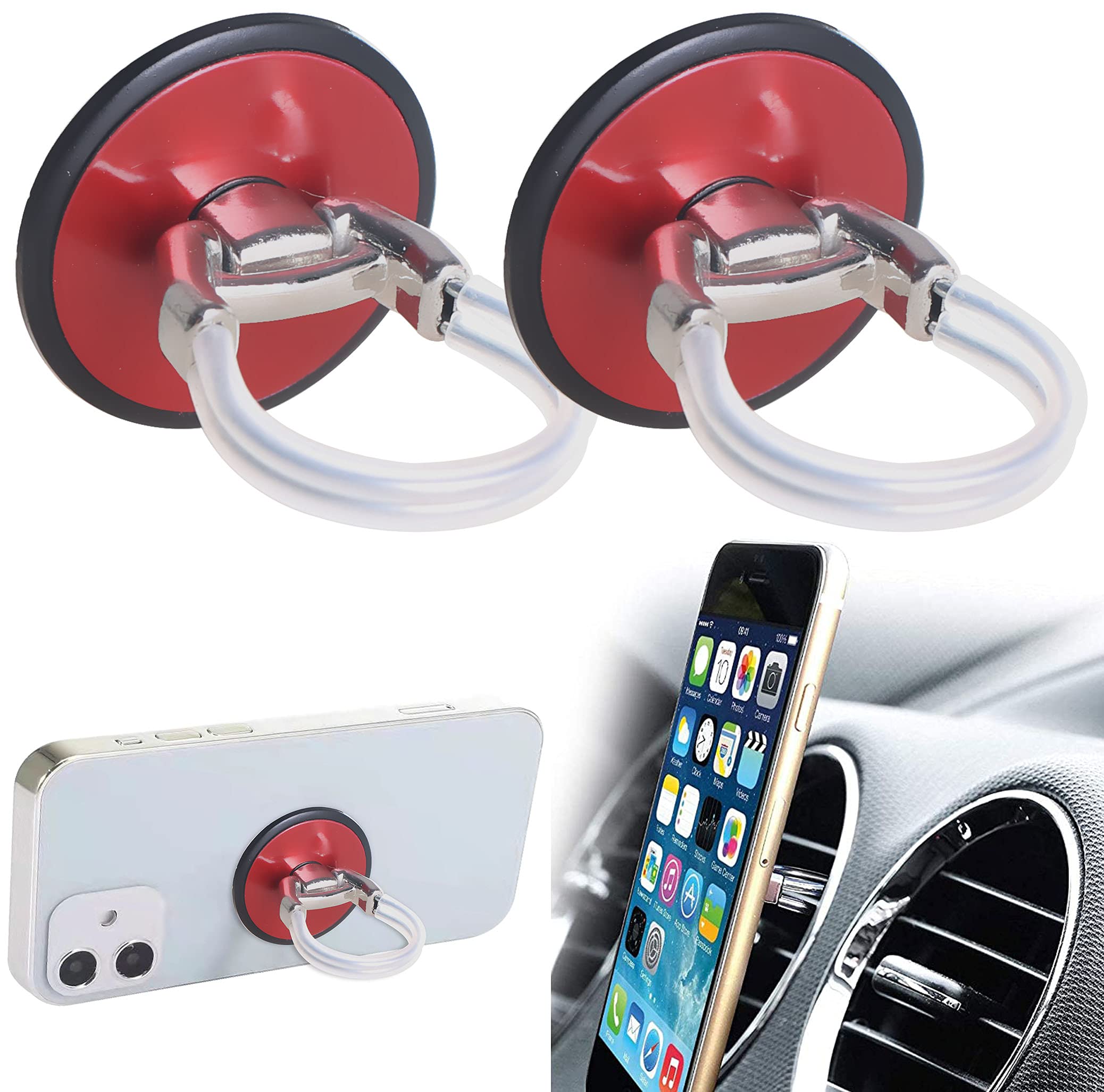 Universal 2-Pack Air Vent Phone Ring Holder Stand - Car Mount for iPhone & Smartphones, Finger Grip Phone Stand (Round, Red) - Perfect for Driving, Commuting & Hands-Free Use