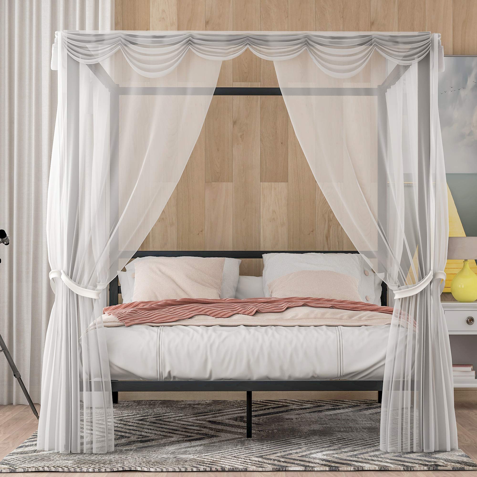 Elegant Black Metal Canopy Platform Bed Frame - Queen Size with Built-in Headboard, 500lbs Weight Capacity, No Box Spring Needed, Easy Assembly | Perfect for Modern Bedrooms, Guest Rooms & Dormitories