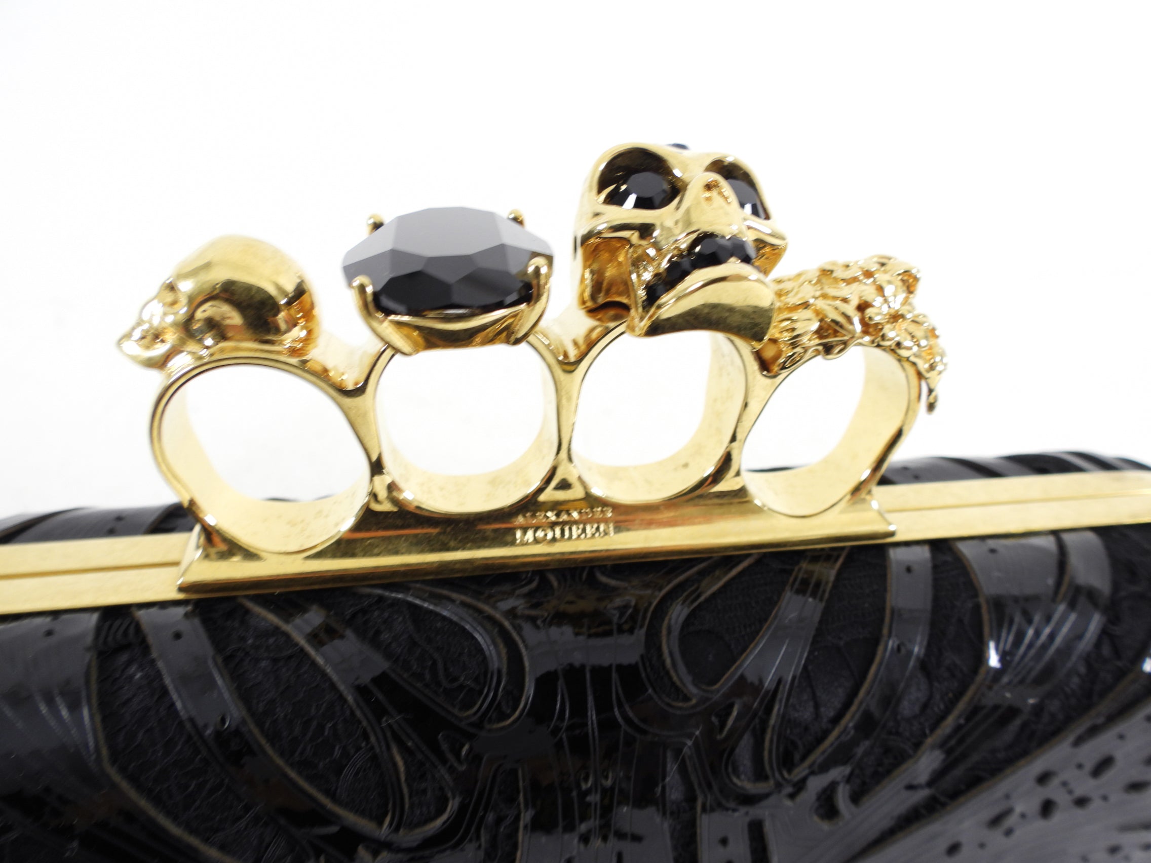 Alexander McQueen Black Patent Leather & Lace Knuckle Duster Clutch Bag - Elegant Evening Purse for Parties, Weddings & Special Occasions