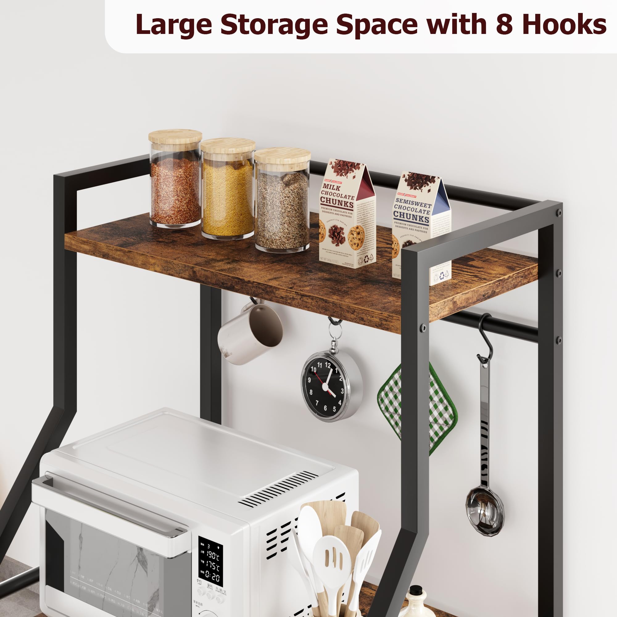 IDEALHOUSE 4-Tier Kitchen Bakers Rack with Microwave Stand - Industrial Coffee Bar Station & Storage Shelf with Large Wire Basket & 8 Hooks - Rustic Brown Organizer for Spices, Pots & Kitchen Utensils - Perfect for Small Kitchens, Coffee Bars & Pantry Organization